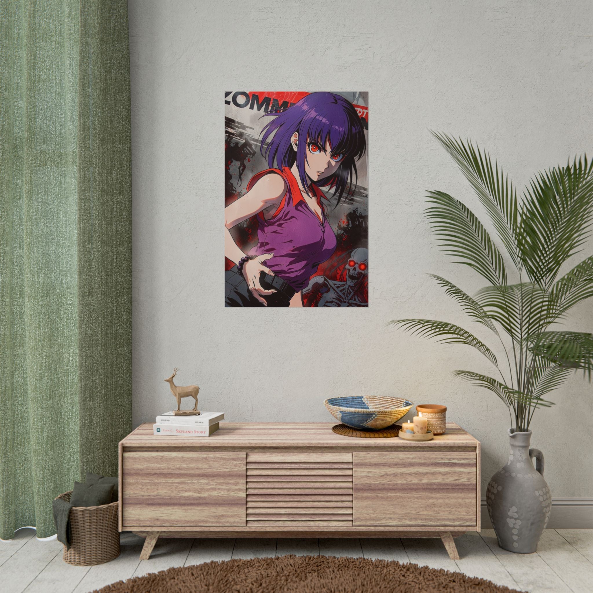 Purple-Haired Zombie Hunter Anime Poster – Horror Pin-Up Wall Art, Retro Apocalypse Action Print, Zomba Squad Decor