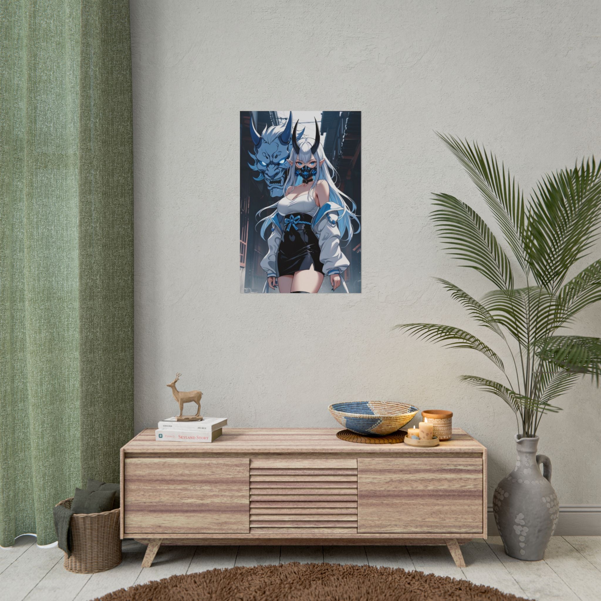 Ice Oni Girl Poster – Anime Demon Wall Art Print, Blue Oni Mask Spirit, Japanese Yokai Fantasy Poster, Cyberpunk Manga Pin Up Wall Decor
