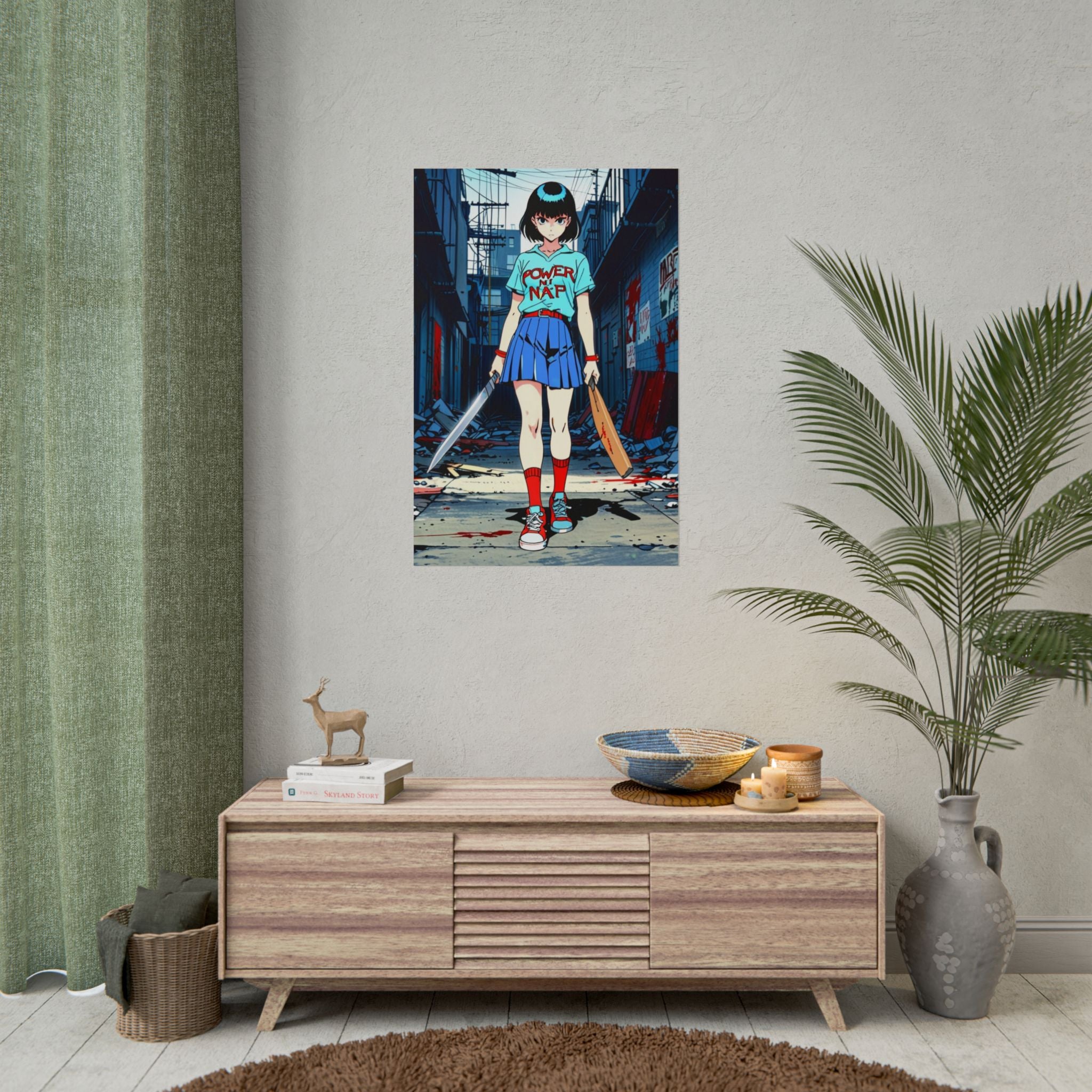 Power Nap Zombie Slayer Anime Poster – Horror Schoolgirl Wall Art, Retro Apocalypse Alley Print, Zomba Squad Decor