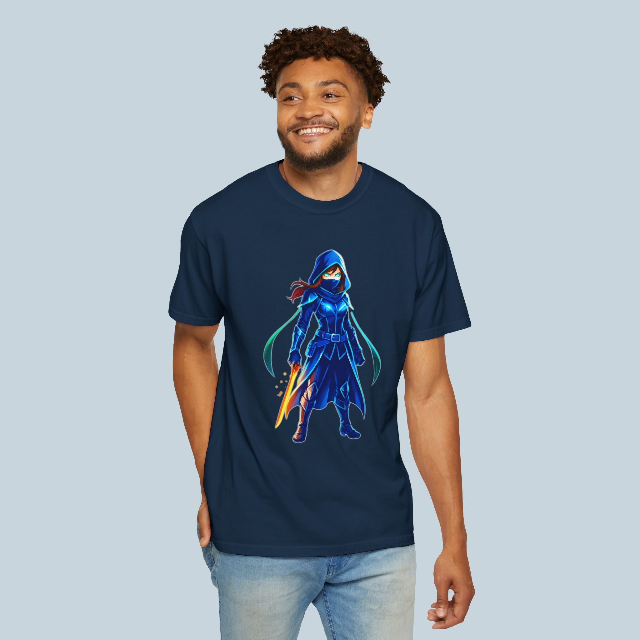 Epic Anime Elf T‑Shirt – Glowing Blue Rogue Hero Design – Fantasy Anime Streetwear Shirt for Gamers & Fans