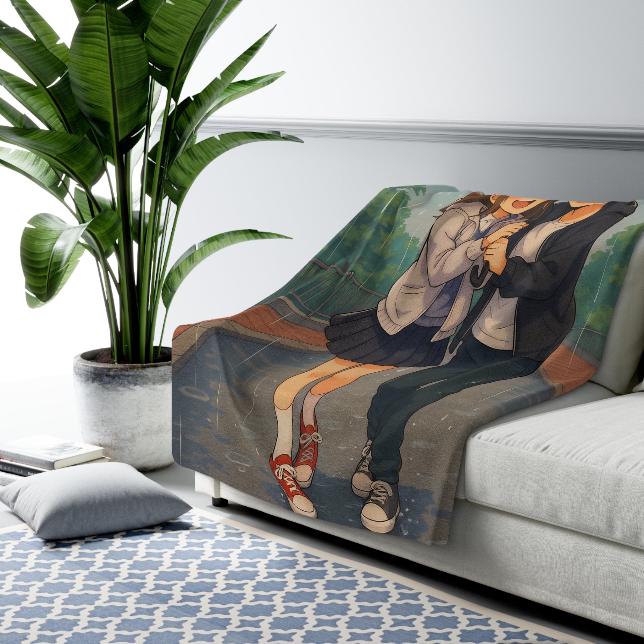 Romantic Anime Sherpa Blanket Rainy Day Couple Cozy Fleece Throw Gift for Manga Fans