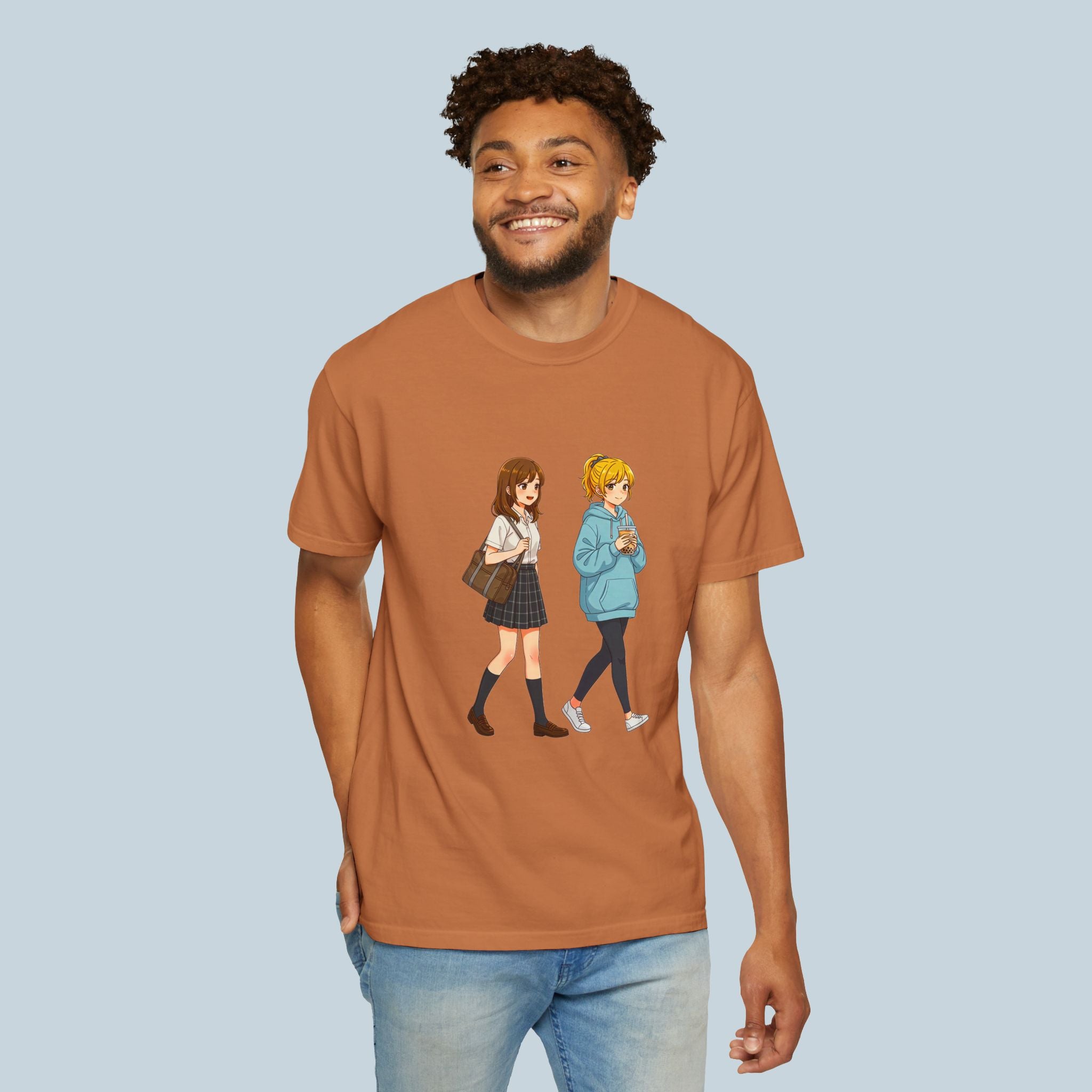 Anime School Friends T-Shirt — Cute Walking Duo Graphic Tee