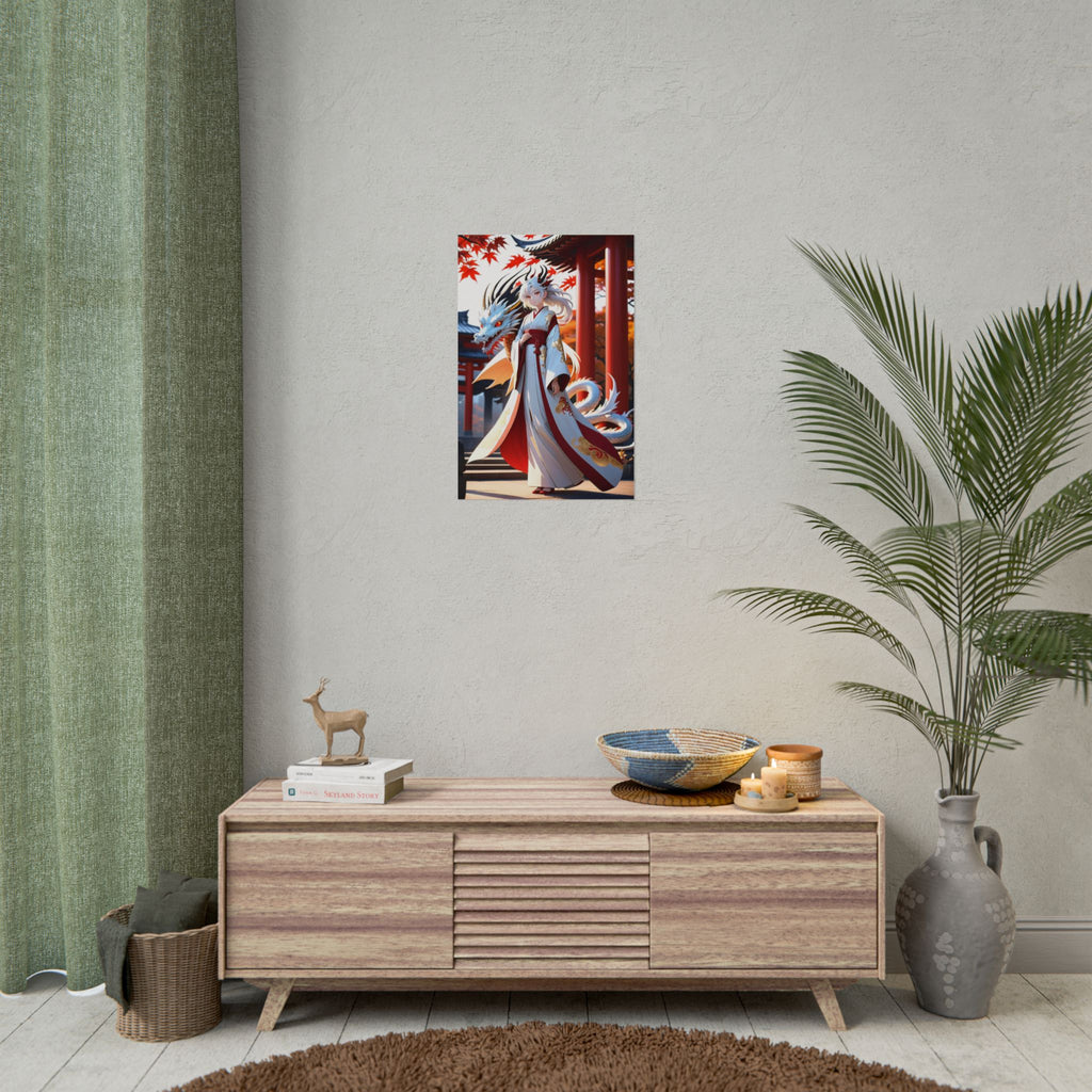 Dragon Shrine Anime Poster – White Dragon Guardian Wall Art, Japanese Temple Fantasy Print, Autumn Anime Girl Artwork, Collector Poster | Epic Anime Apparel