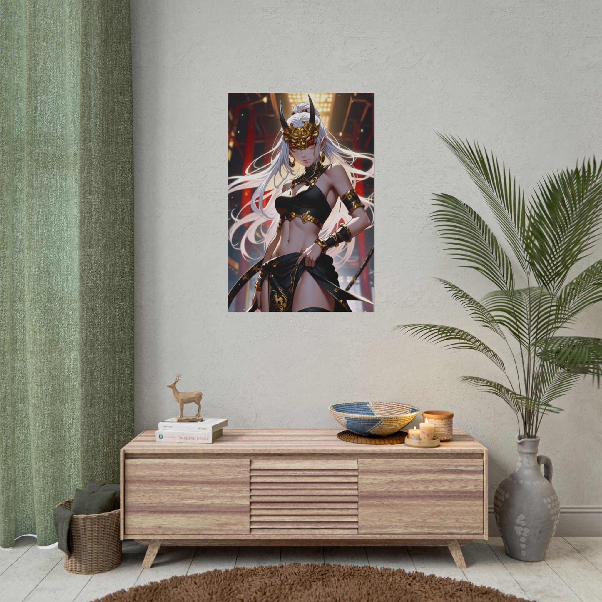 Oni Demon Queen Poster - White Hair Horned Mask Anime Wall Art, Dark Fantasy Samurai Girl Print, Gothic Japanese Aesthetic Decor