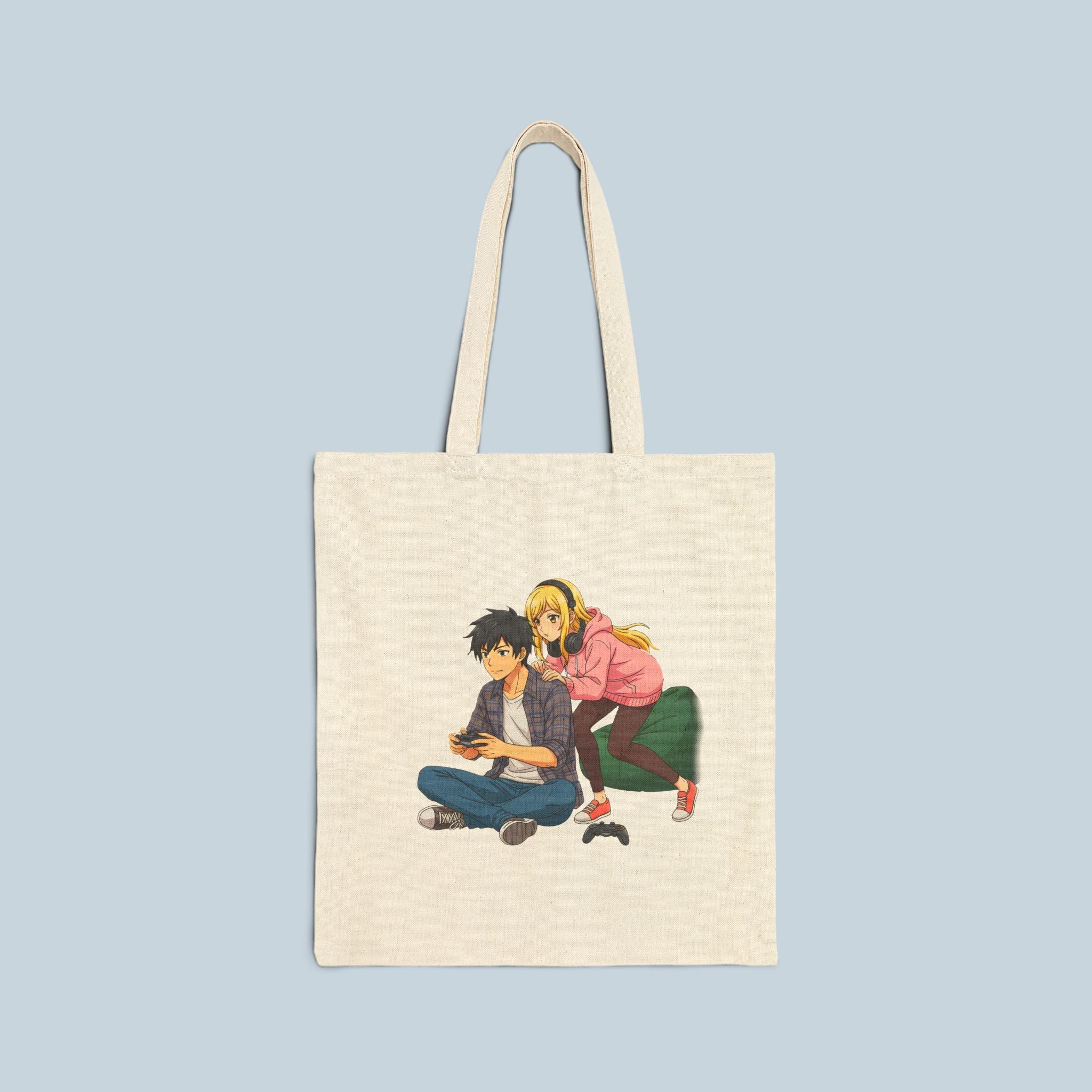 Anime Couple Tote Bag — Cute Gamer Girl & Boy Cotton Canvas Shopper