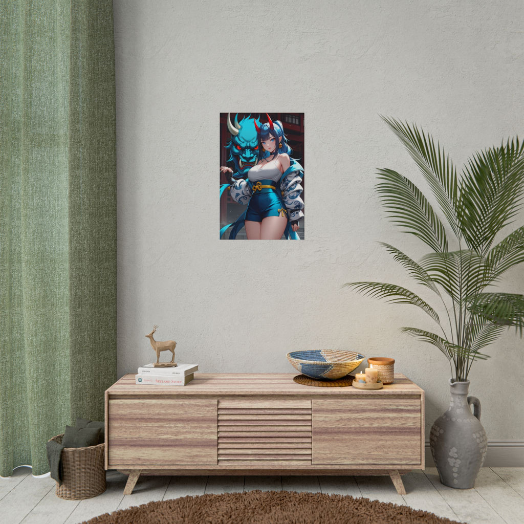 Blue Oni Demon Girl Anime Poster – Japanese Yokai Guardian Wall Art, Cyber Streetwear Fantasy Print, Anime Shrine Aesthetic Collector Poster | Epic Anime Apparel