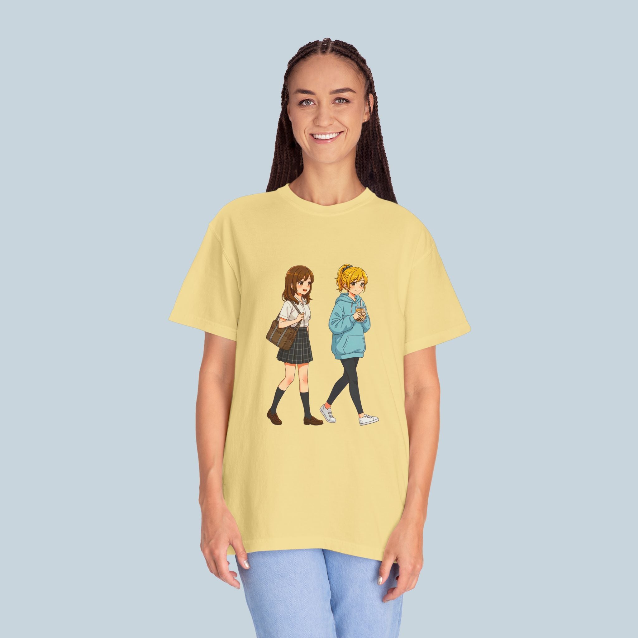 Anime School Friends T-Shirt — Cute Walking Duo Graphic Tee