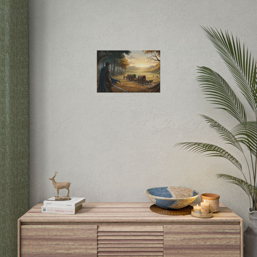 Fantasy Caravan Poster – Medieval Journey Art Print, Lone Warrior Watching Wagons, Storybook Landscape, Adventure Wall Decor