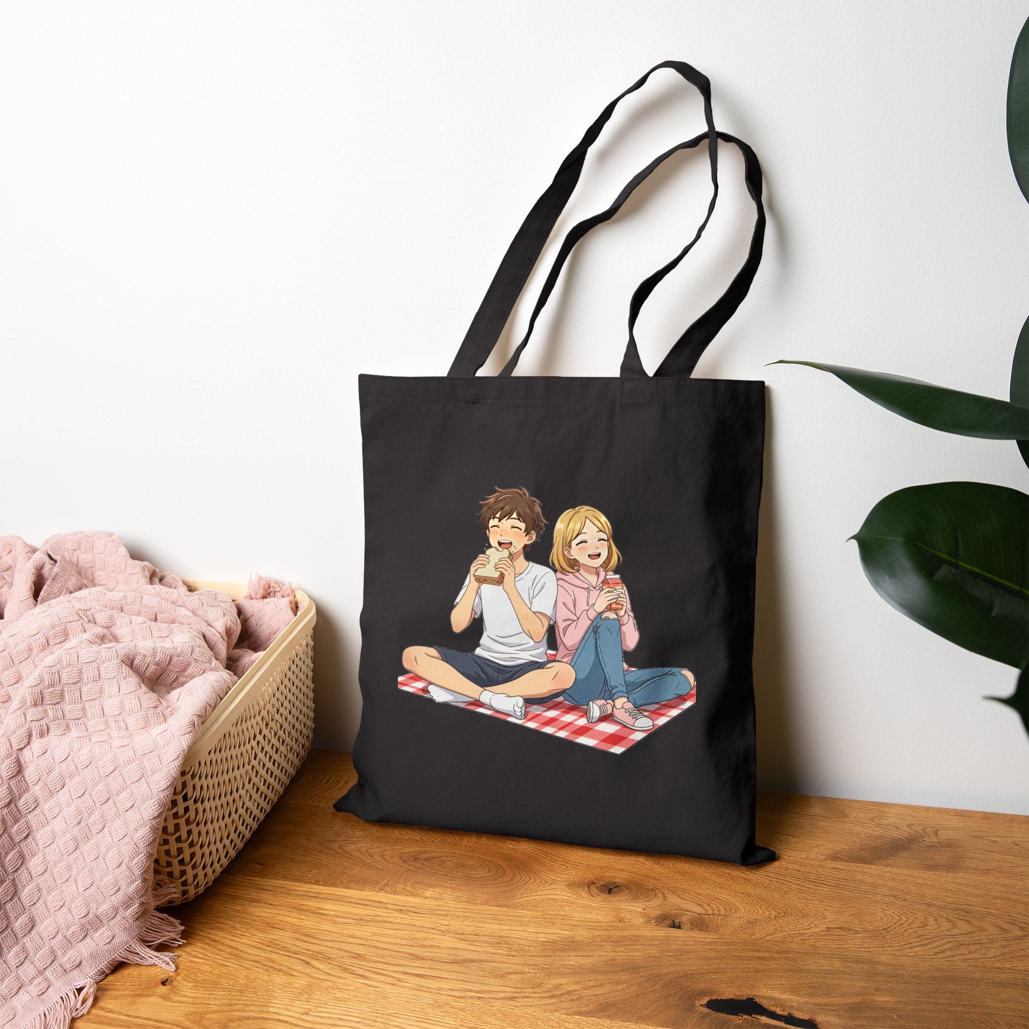 Cute Picnic Anime Couple Illustration Cotton Canvas Tote Bag