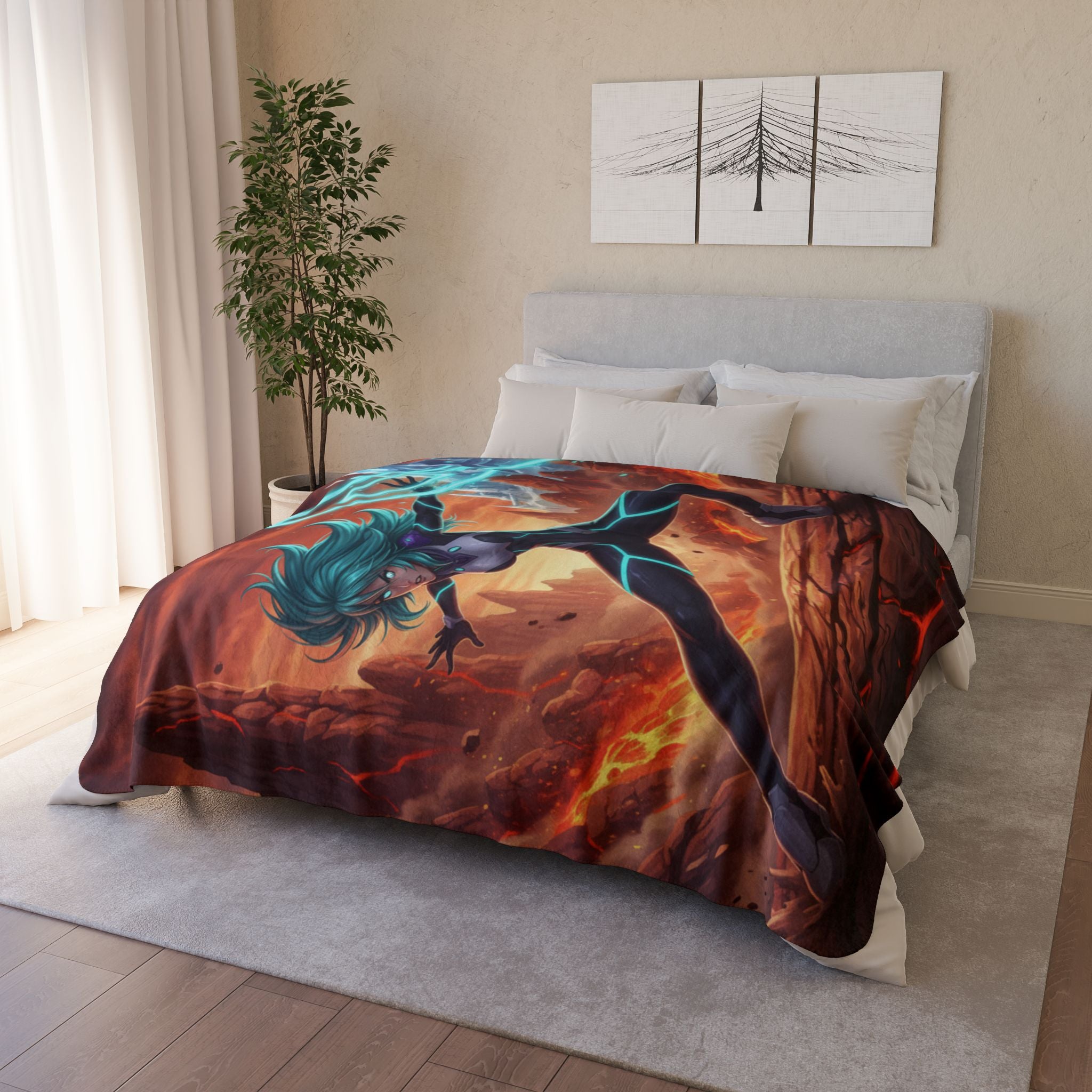 Anime Sci-Fi Vera flux Sherpa Blanket Futuristic Energy Warrior Lava and Ice Fantasy Anime Throw Blanket