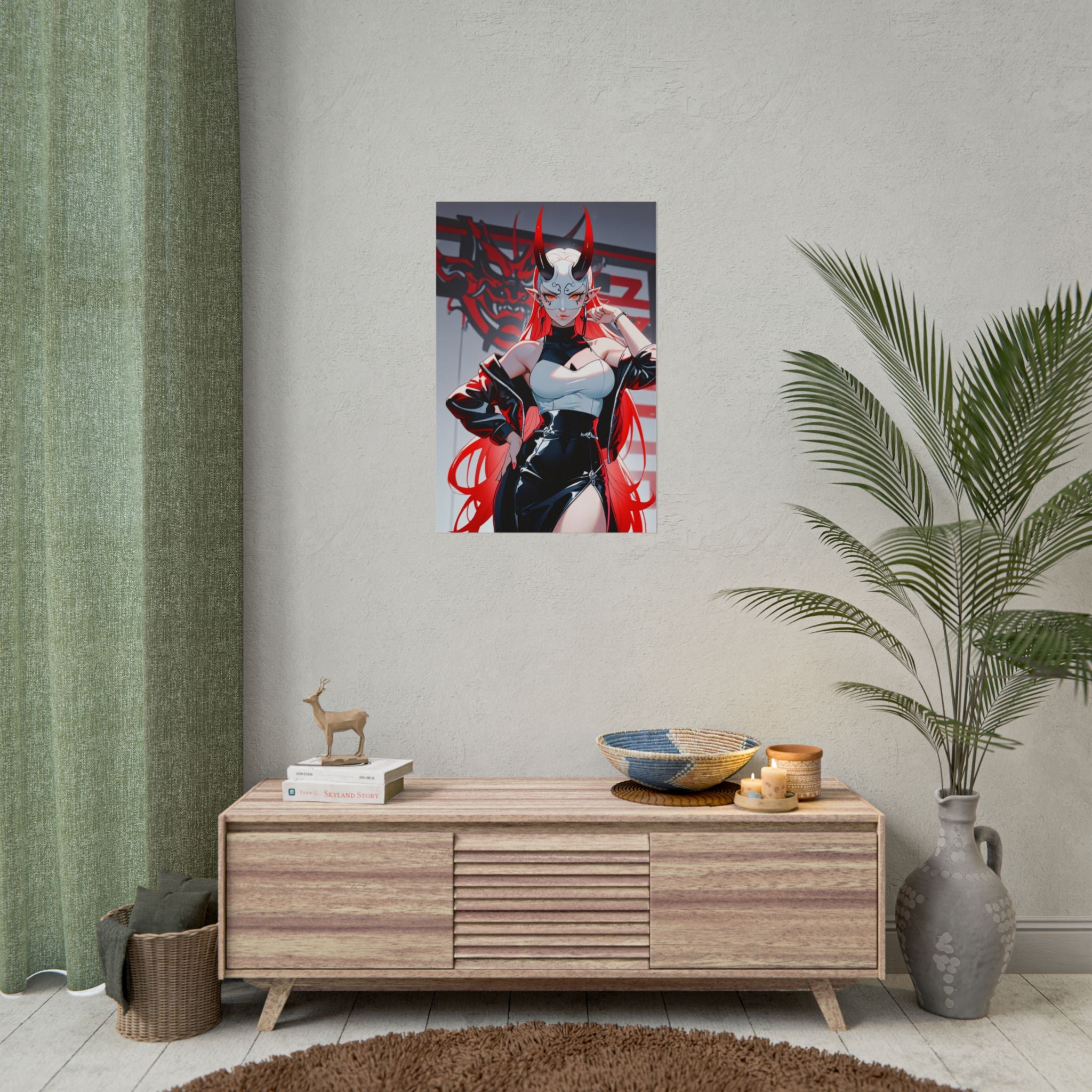 Oni Demon Girl Poster - Anime Horror Wall Art - Japanese Oni Mask Print - Sexy Pin Up Anime Decor - Cyberpunk Demon Girl Artwork - Epic Anime Apparel