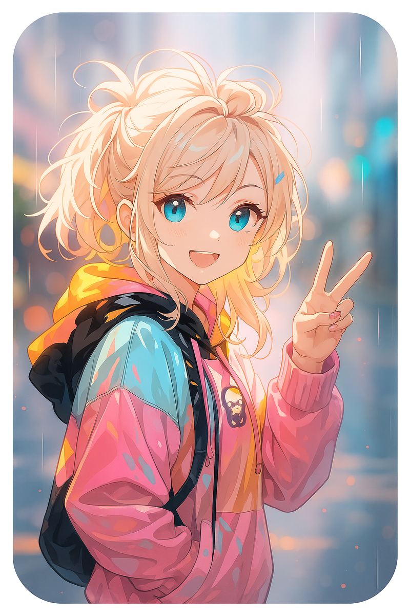 Vibrant Anime Poster Cute Blonde Girl in Colorful Hoodie with Peace Sign Wall Art