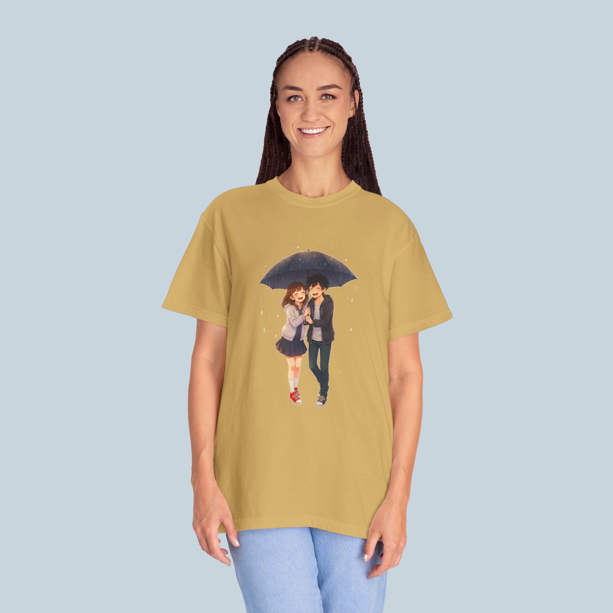 Anime Couple Under Umbrella T-Shirt Cute Romantic Japan Streetwear Comfort Colors Tee Gift for Anime Fans