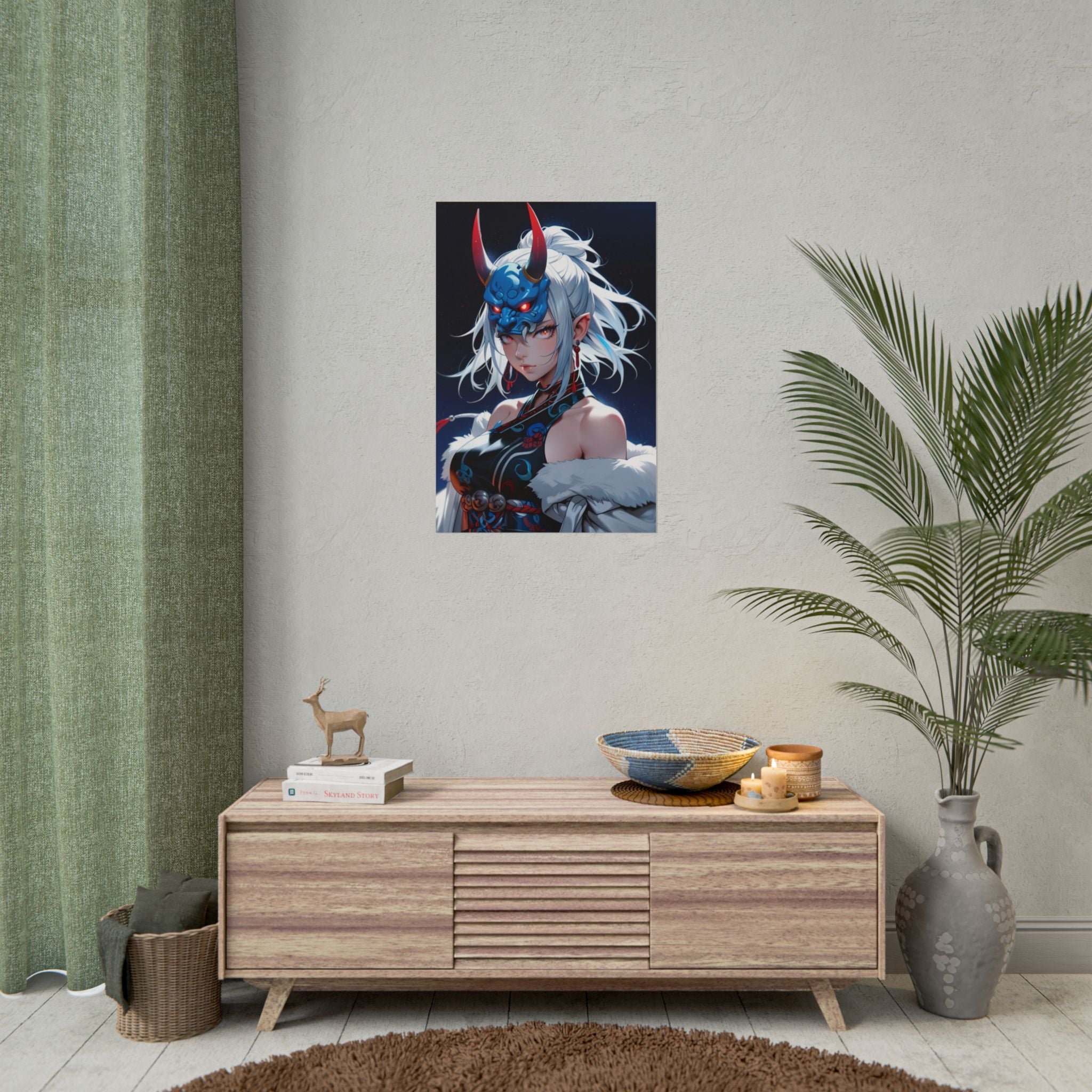 Blue Oni Mask Queen Poster – Anime Demon Girl Wall Art Print, Japanese Yokai Fantasy Artwork, Cyberpunk Pin Up Poster, Manga Horror Decor