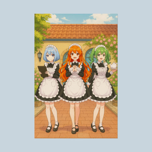 Anime Maid Café Poster Cute Trio Wall Art Japanese Waitress Girls Vintage Aesthetic for Otaku and Collectors
