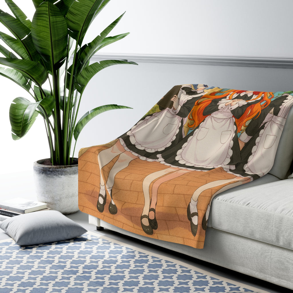 Anime Maid Café Sherpa Blanket Cute Trio Cozy Fleece Throw Japanese Waitress Girls Gift for Otaku and Collectors