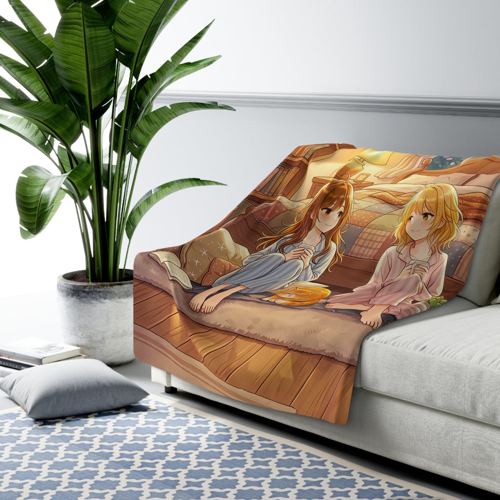 Cozy Anime Girls Sherpa Blanket Pajama Sleepover Scene Cute Cat Throw Blanket for Anime Fans and Book Lovers