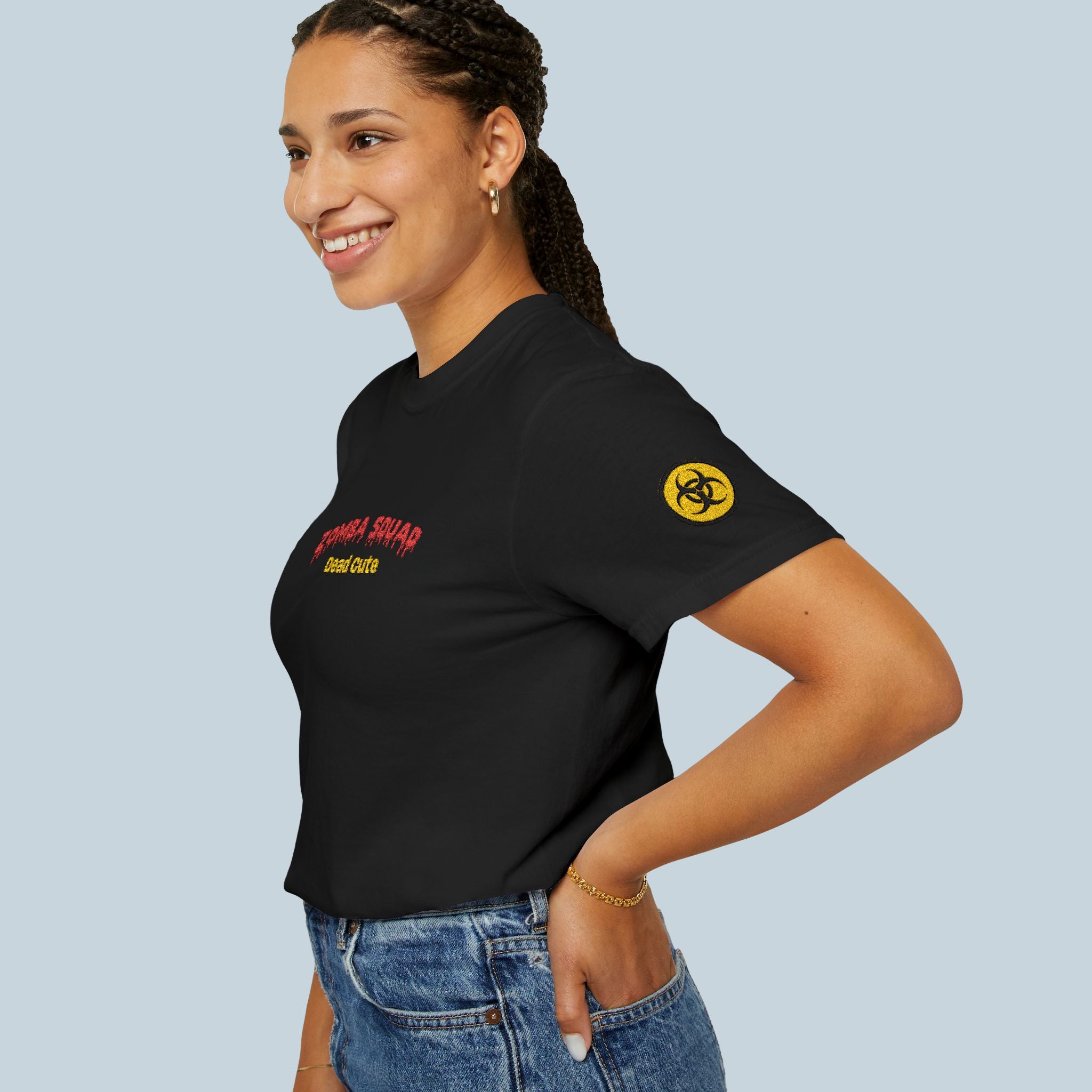 ZOMBA SQUAD Embroidered T-Shirt , Biohazard Sleeve Patch  Unisex Tee