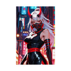 Cyberpunk Oni Demon Girl Poster – Sexy Anime Pin Up Wall Art Print, Japanese Horror Decor, Masked Manga Demon Poster