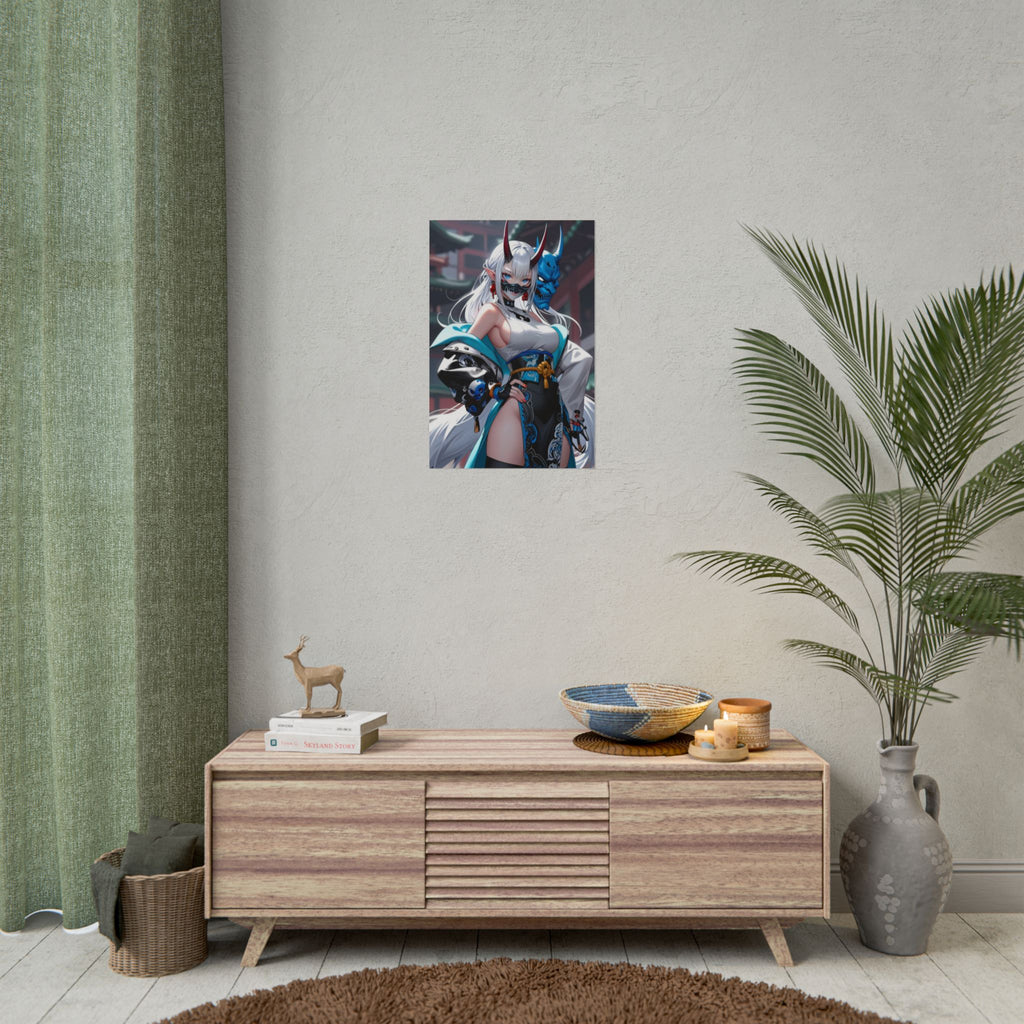 Oni Mask Anime Poster – Cyber Demon Girl Wall Art, Japanese Yokai Streetwear Aesthetic Print, Blue Oni Mask Fantasy Artwork, Collector Poster | Epic Anime Apparel
