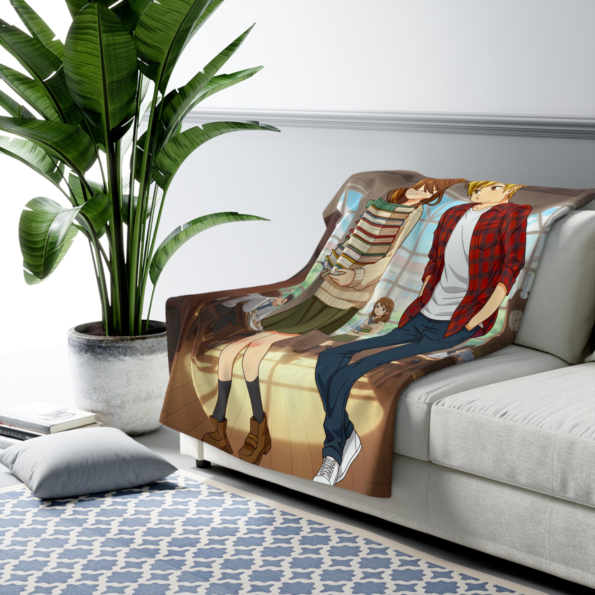 Anime Sherpa Fleece Blanket – Cozy Otaku Couple Scene, Soft Warm Throw for Anime Lovers