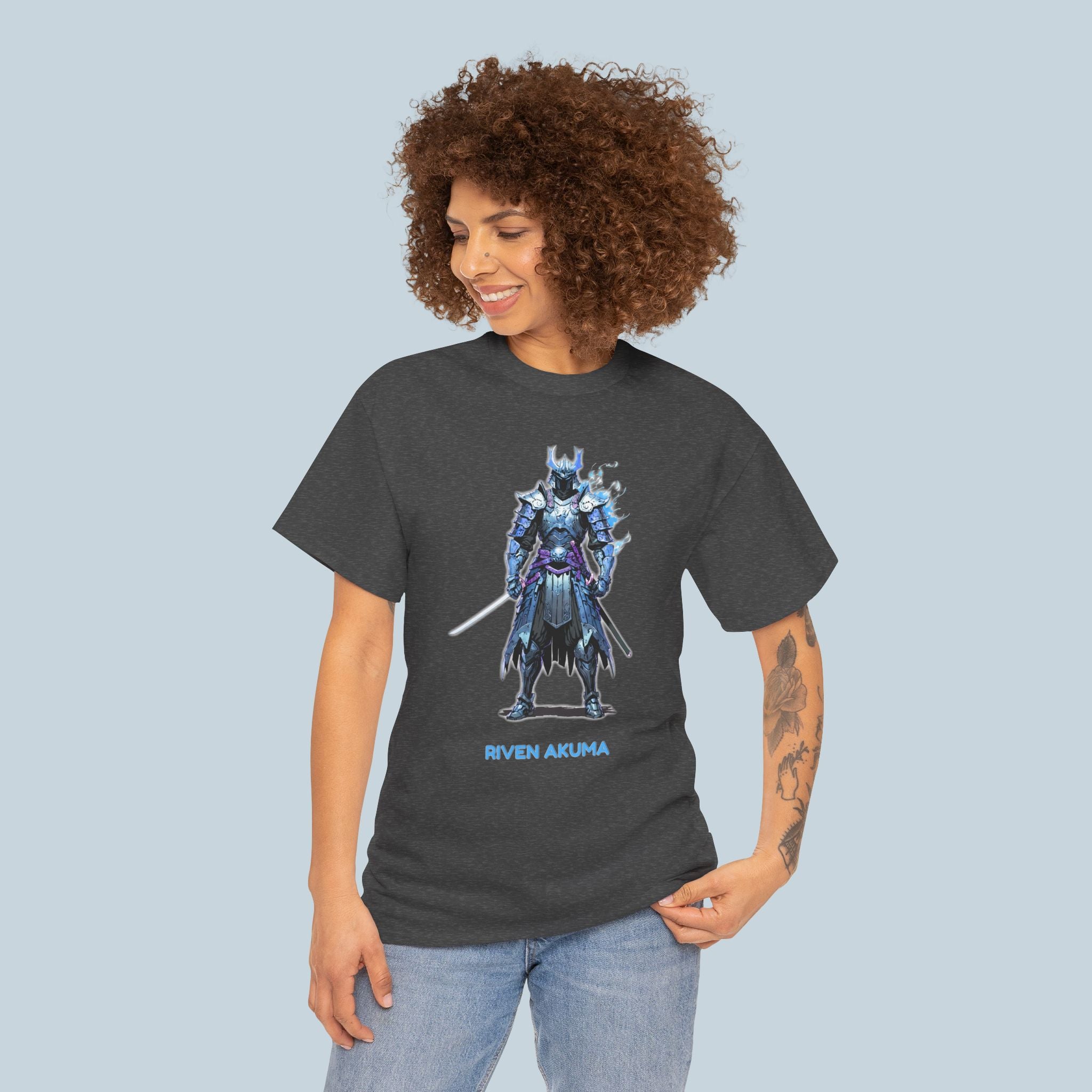 Samurai Anime Shirt Riven Akuma T-Shirt Blue Flame Warrior Streetwear for Anime Fans and Gamers