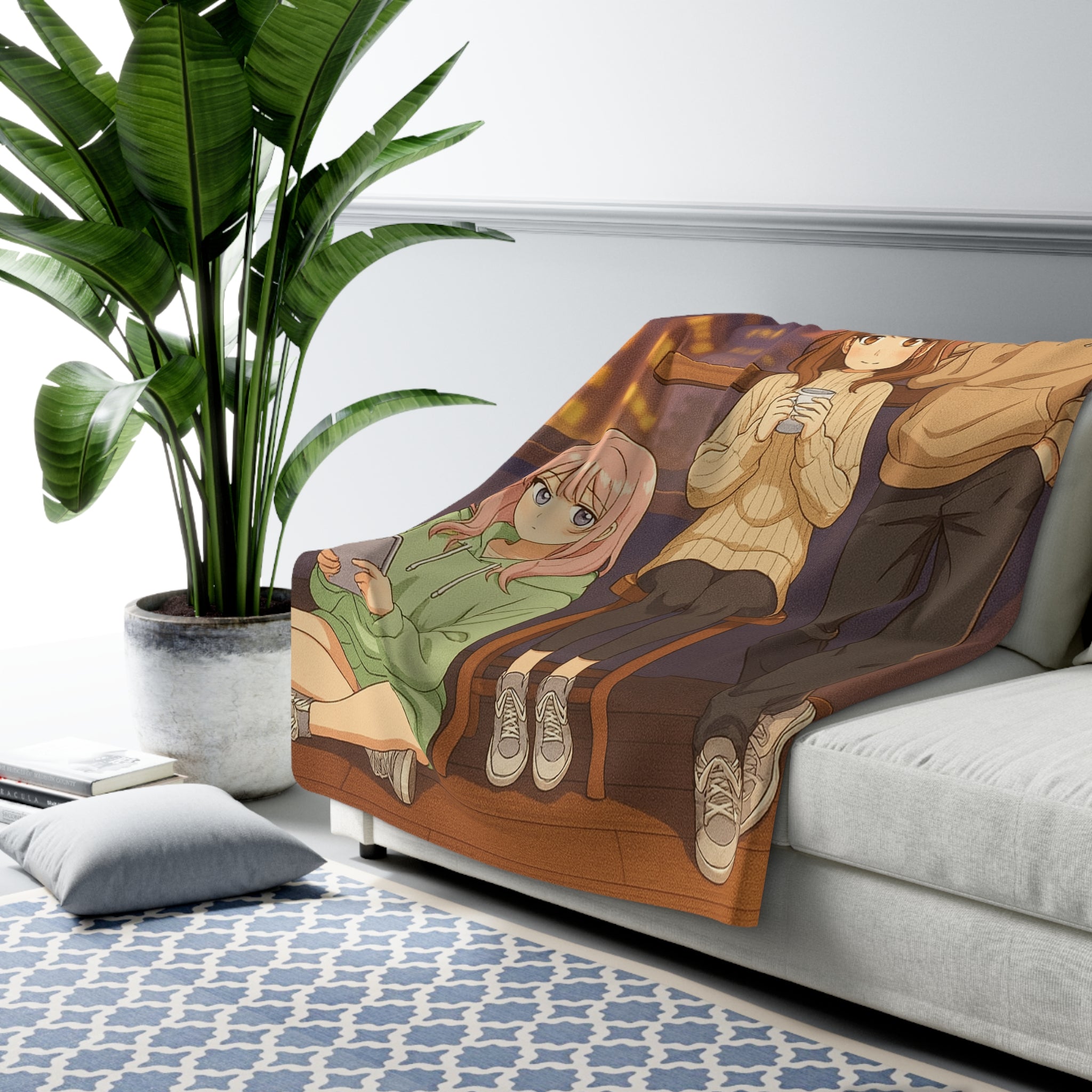 Anime Sherpa Blanket Cozy Winter Gift Cute Pastel Anime Girl and Boy Soft Fleece Throw for Fans
