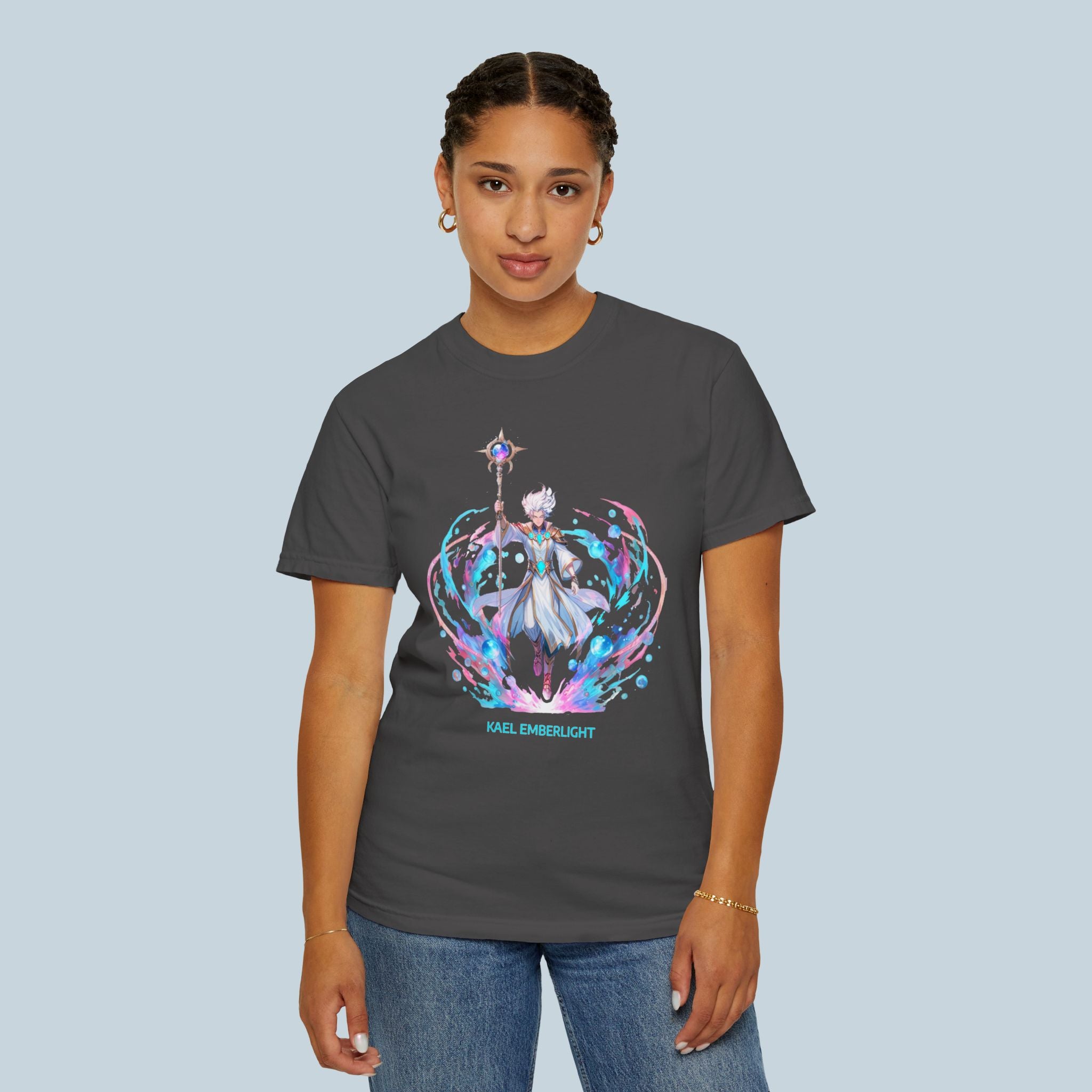 Kael Emberlight Anime T-Shirt – Neon Fantasy Mage Design on Comfort Colors Tee
