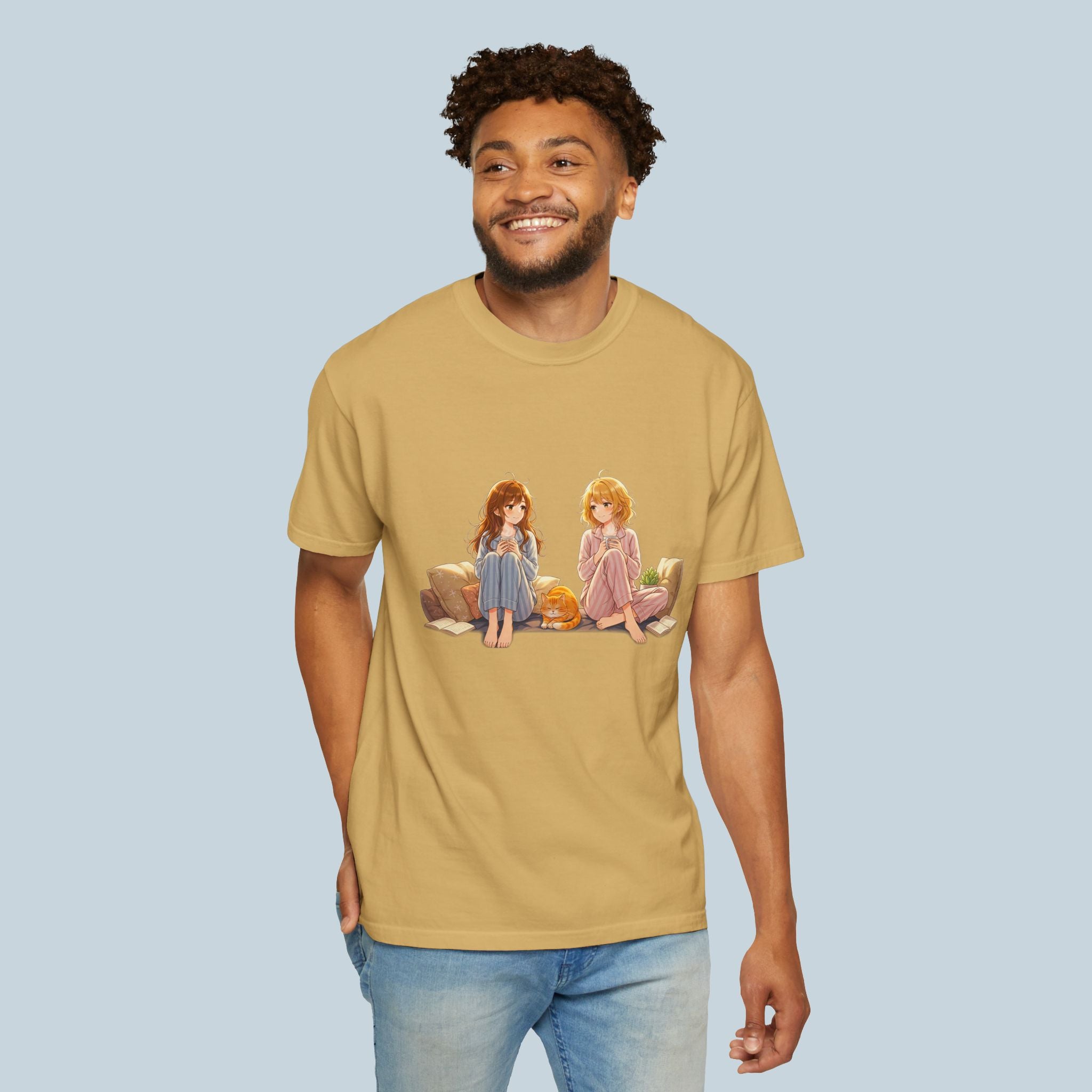 Cozy Anime Girl T-Shirt Cute Pajama Manga Style with Cat  Relaxed Fit Gift for Anime Lovers