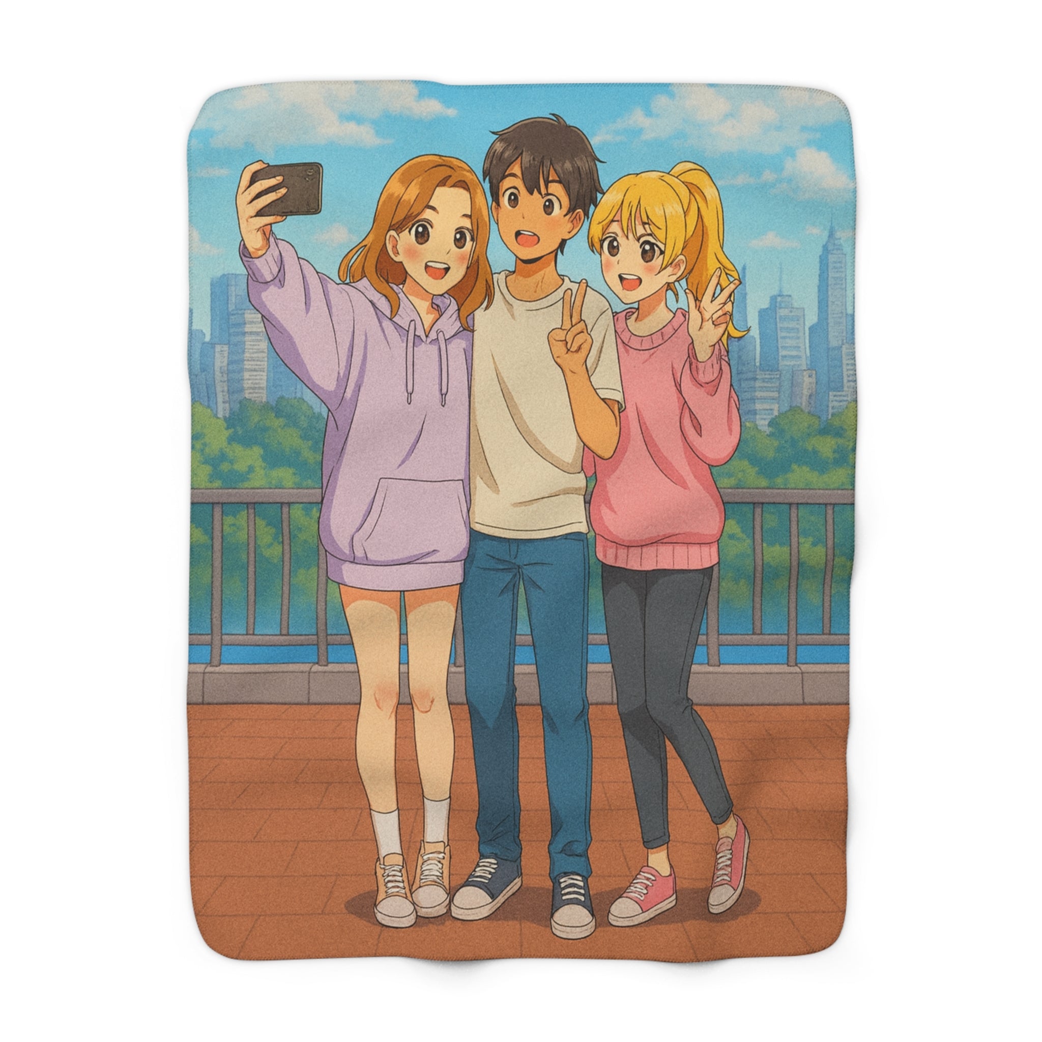 Anime Sherpa Blanket Cozy City Selfie Friends Pastel Hoodie Art