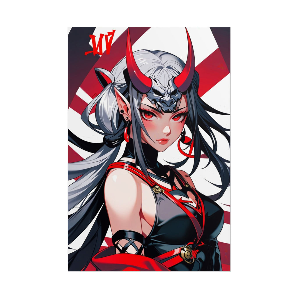 Oni Mask Demon Girl Poster – Japanese Anime Wall Art Print, Red Rising Sun Cyberpunk Decor, Sexy Manga Pin Up Demon Poster