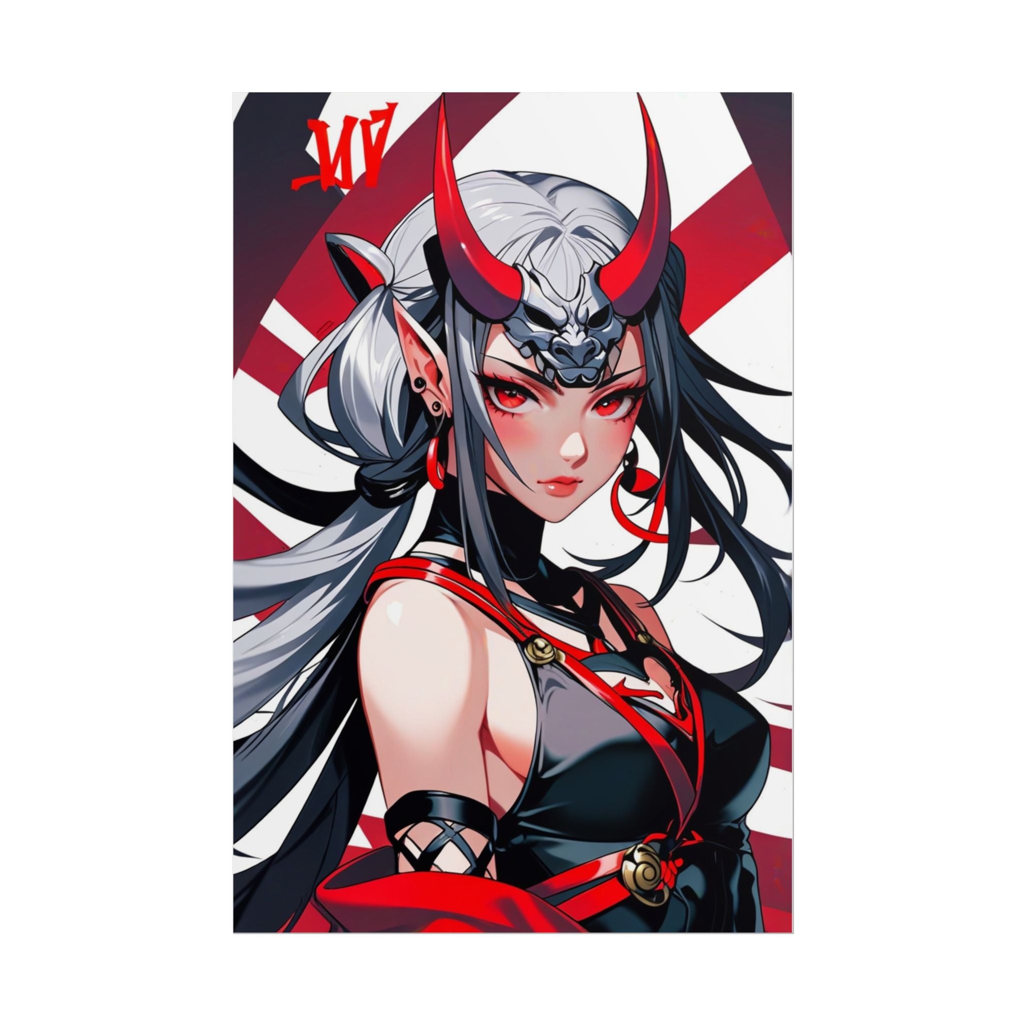 Oni Mask Demon Girl Poster – Japanese Anime Wall Art Print, Red Rising Sun Cyberpunk Decor, Sexy Manga Pin Up Demon Poster