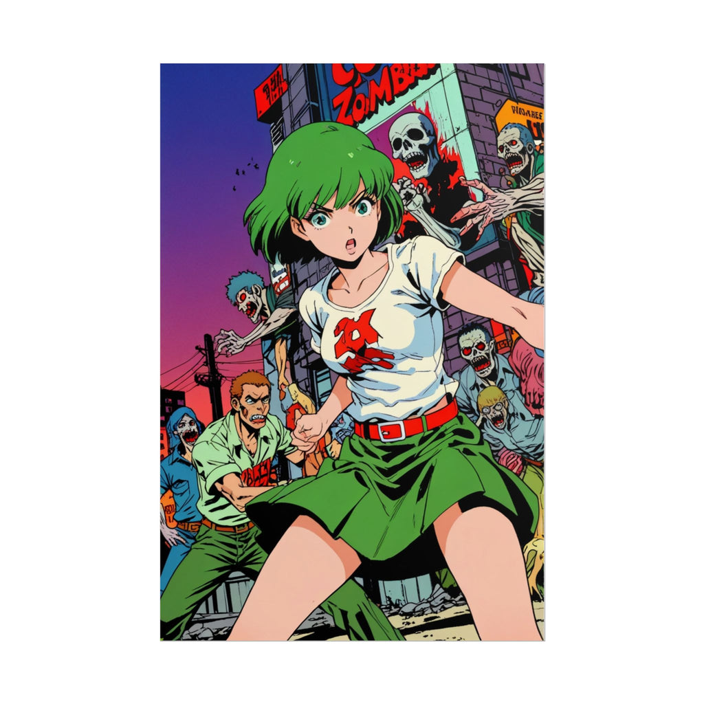 Zombie Anime Girl Poster – ZOMBA SQUAD Horror Wall Art Print, Retro Manga Apocalypse Decor, Grindhouse Comic Style Pin Up Poster
