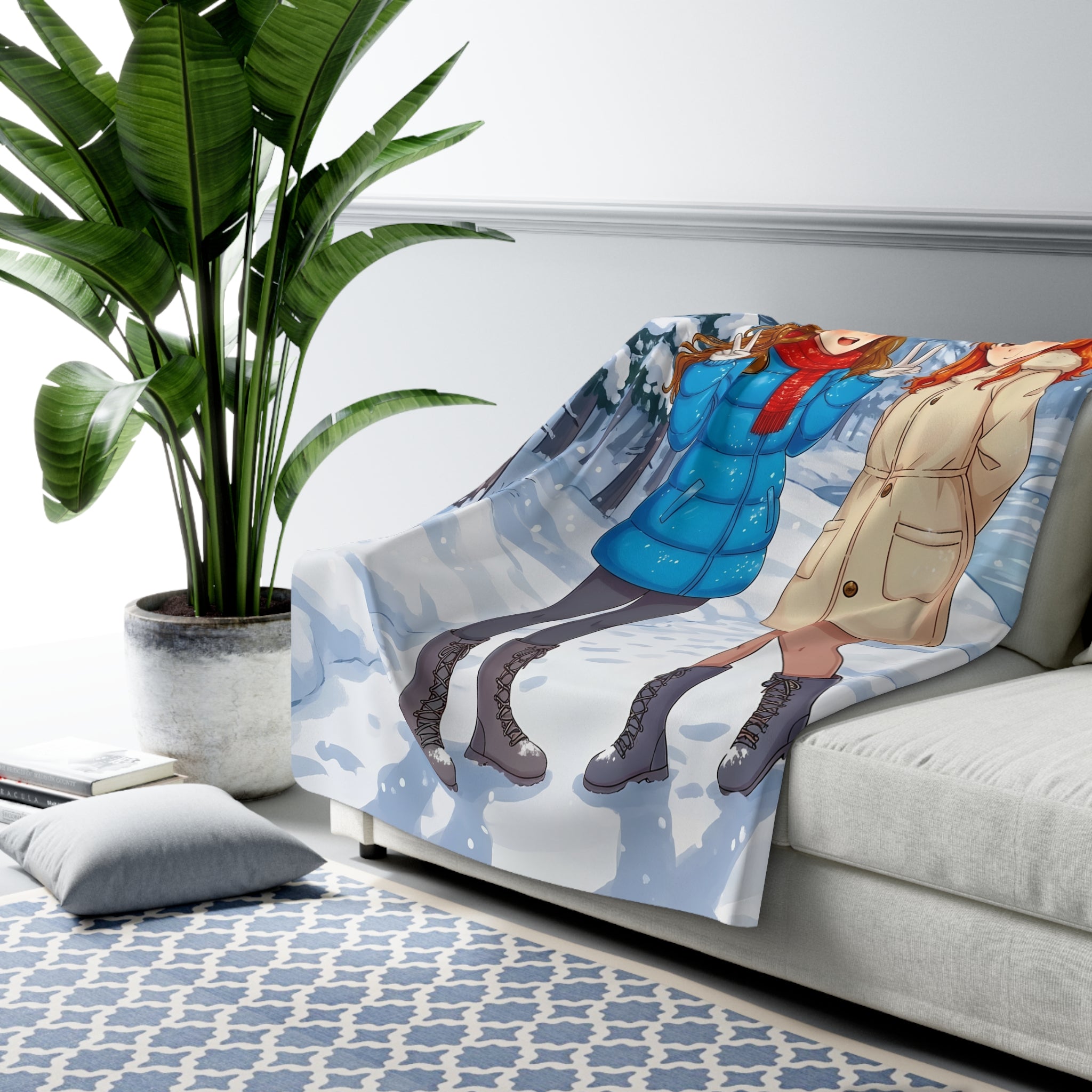 Cozy Winter Anime Sherpa Blanket Girls in Snowy Forest Cute Manga Style Gift for Anime Fans