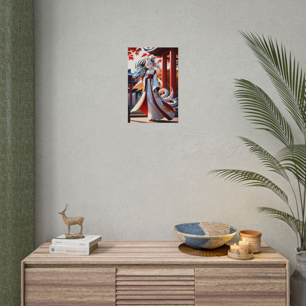 Dragon Shrine Anime Poster – White Dragon Guardian Wall Art, Japanese Temple Fantasy Print, Autumn Anime Girl Artwork, Collector Poster | Epic Anime Apparel