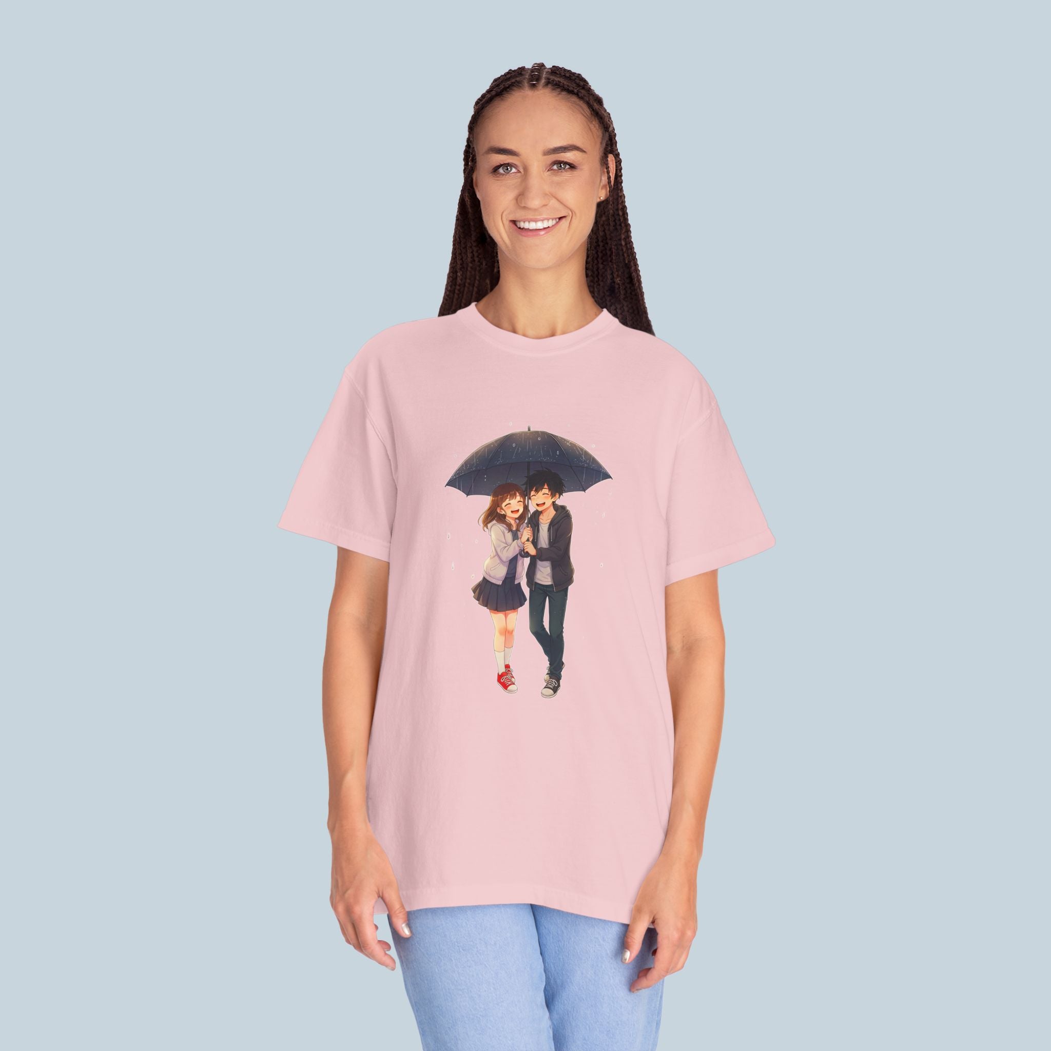 Anime Couple Under Umbrella T-Shirt Cute Romantic Japan Streetwear Comfort Colors Tee Gift for Anime Fans