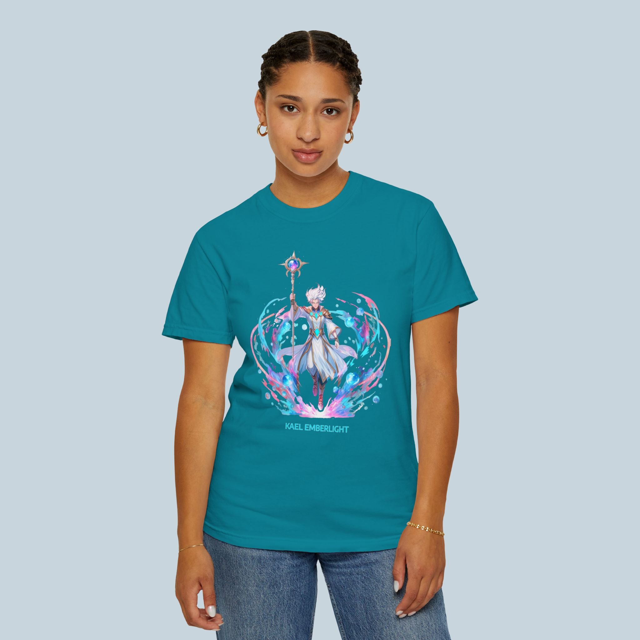 Kael Emberlight Anime T-Shirt – Neon Fantasy Mage Design on Comfort Colors Tee