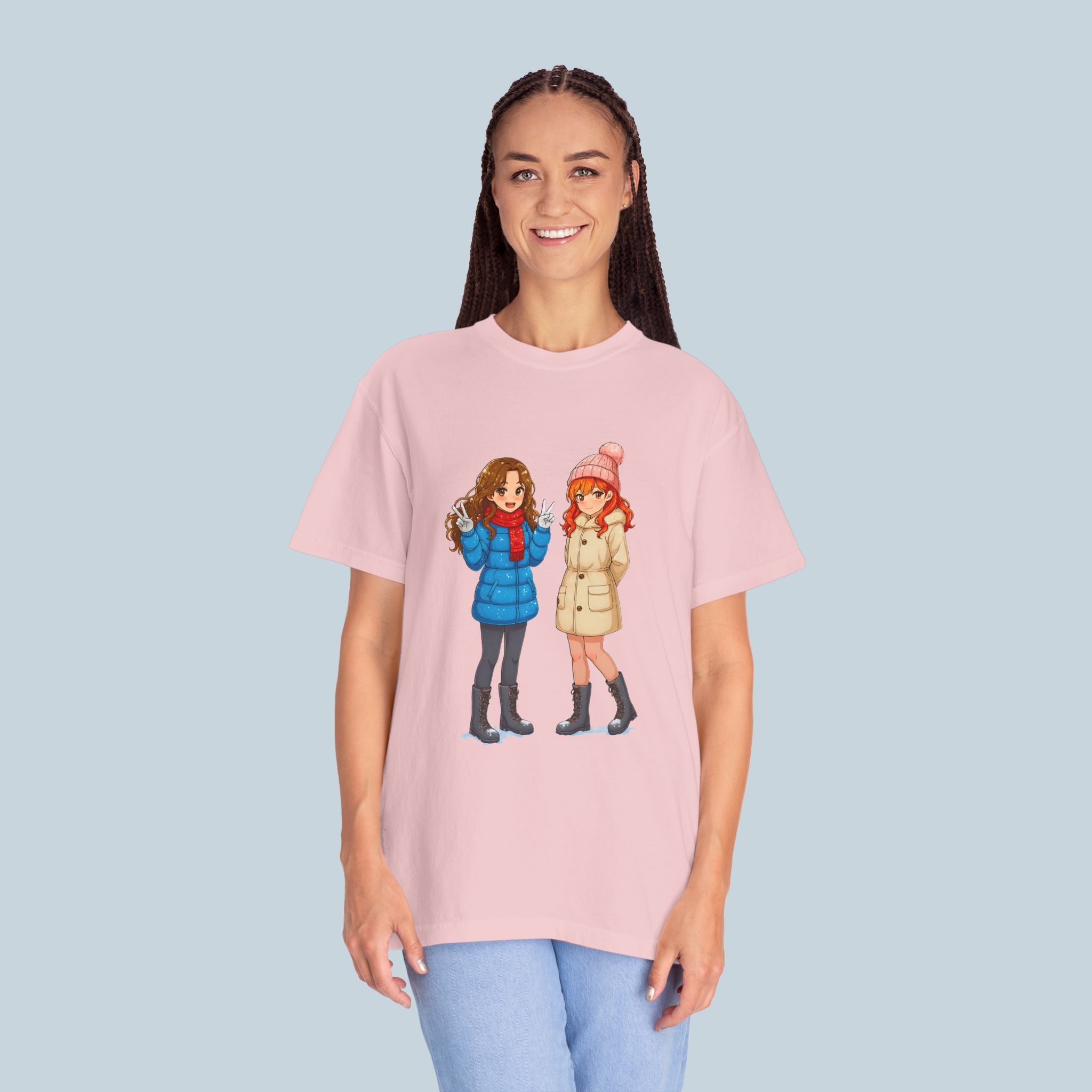 Cute Winter Anime Girls T-Shirt Cozy Slice of Life Tee for Anime Fans and Collectors