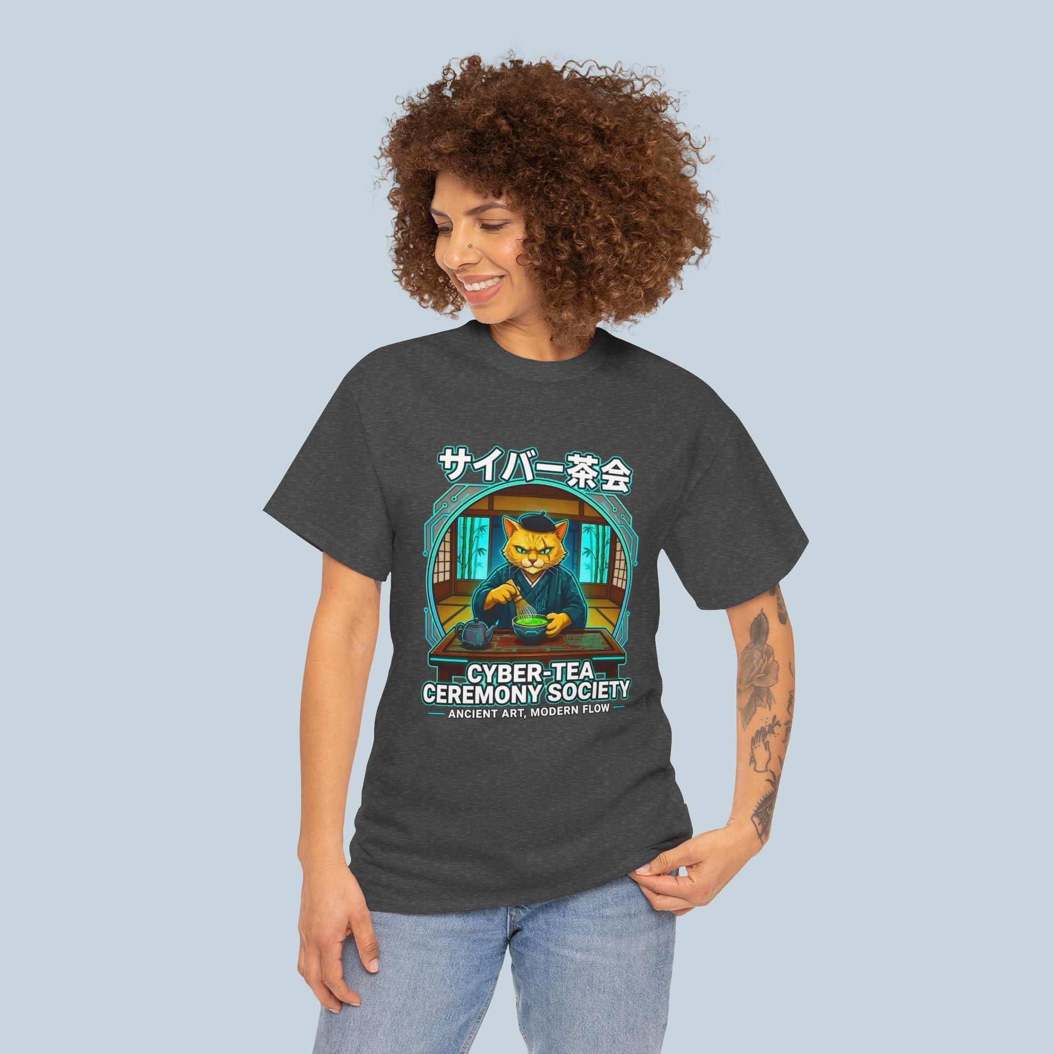 Cyber Tea Ceremony Society T Shirt Anime Cat Shirt Japanese Cyberpunk Streetwear Graphic Tee
