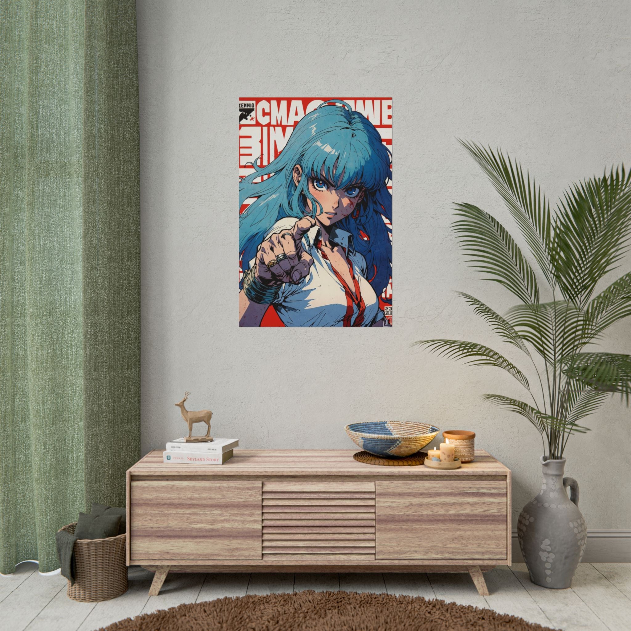 Retro Anime Grindhouse Poster, Blue Haired Survivor Girl Wall Art, Pulp Horror Manga Print, Zombie Apocalypse Anime Decor, Gamer Room Poster