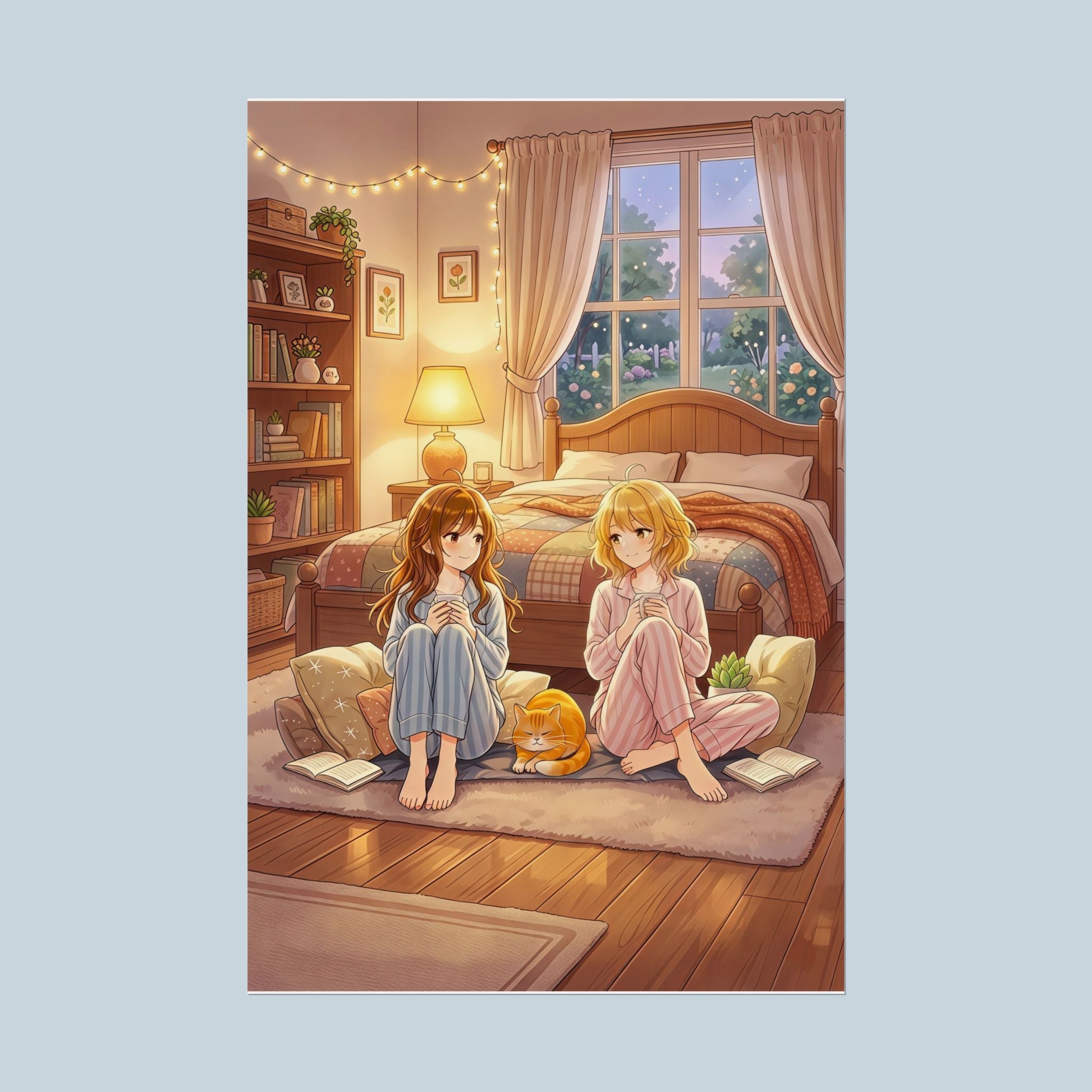 Cozy Anime Girls Poster Pajama Sleepover Print Cute Cat Bedroom Wall Art Gift for Anime Lovers and Collectors