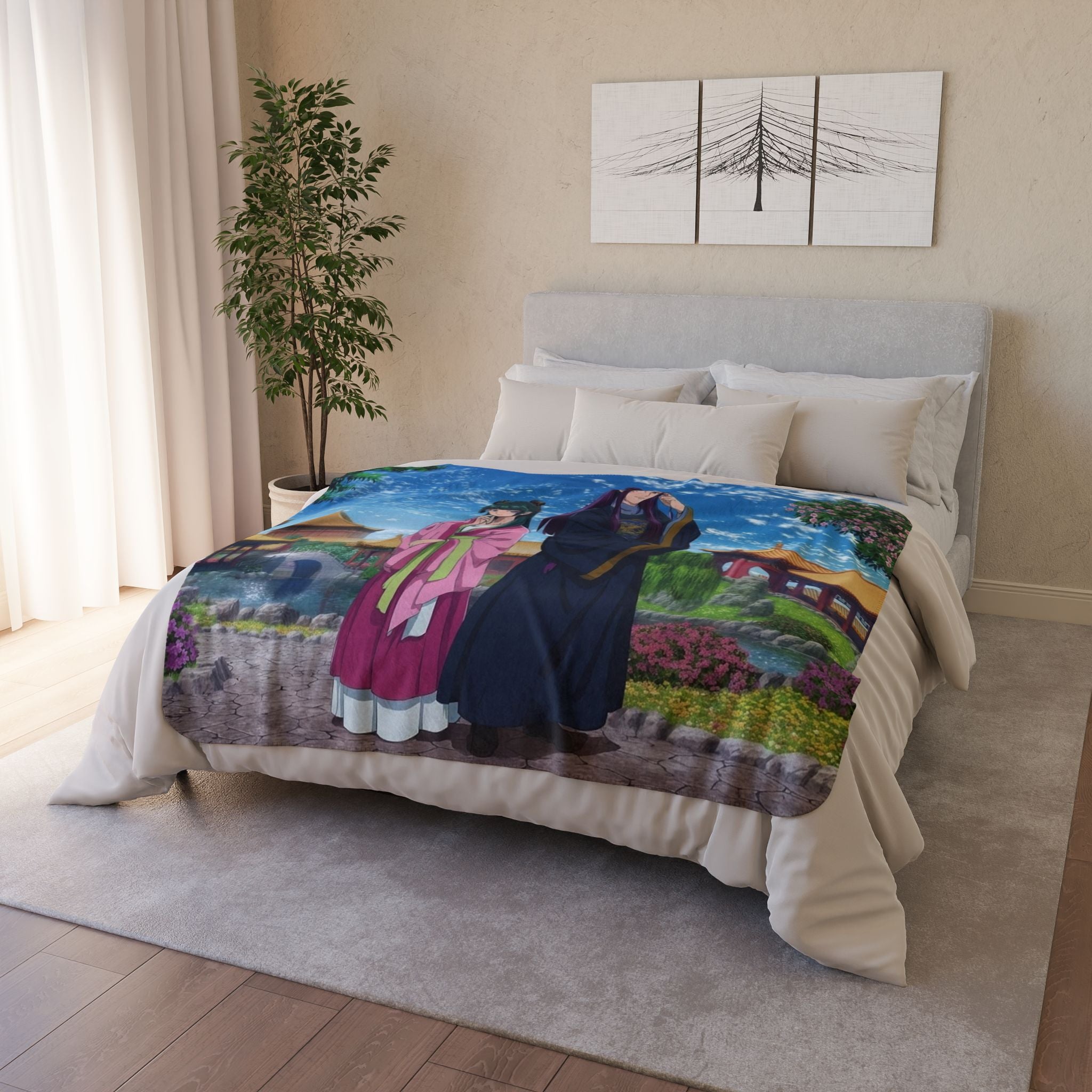 Ancient Court Anime Sherpa Blanket – Elegant Historical Fantasy Fleece Throw