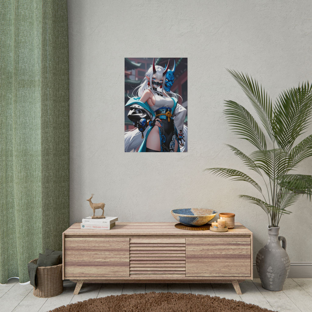 Oni Mask Anime Poster – Cyber Demon Girl Wall Art, Japanese Yokai Streetwear Aesthetic Print, Blue Oni Mask Fantasy Artwork, Collector Poster | Epic Anime Apparel