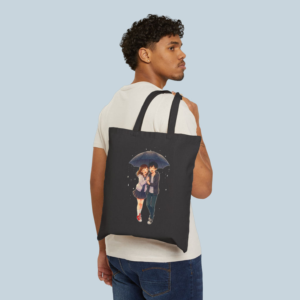 Cute Anime Couple Tote Bag Romantic Rain Scene Canvas Gift for Anime Fans and Kawaii Aesthetic Lovers