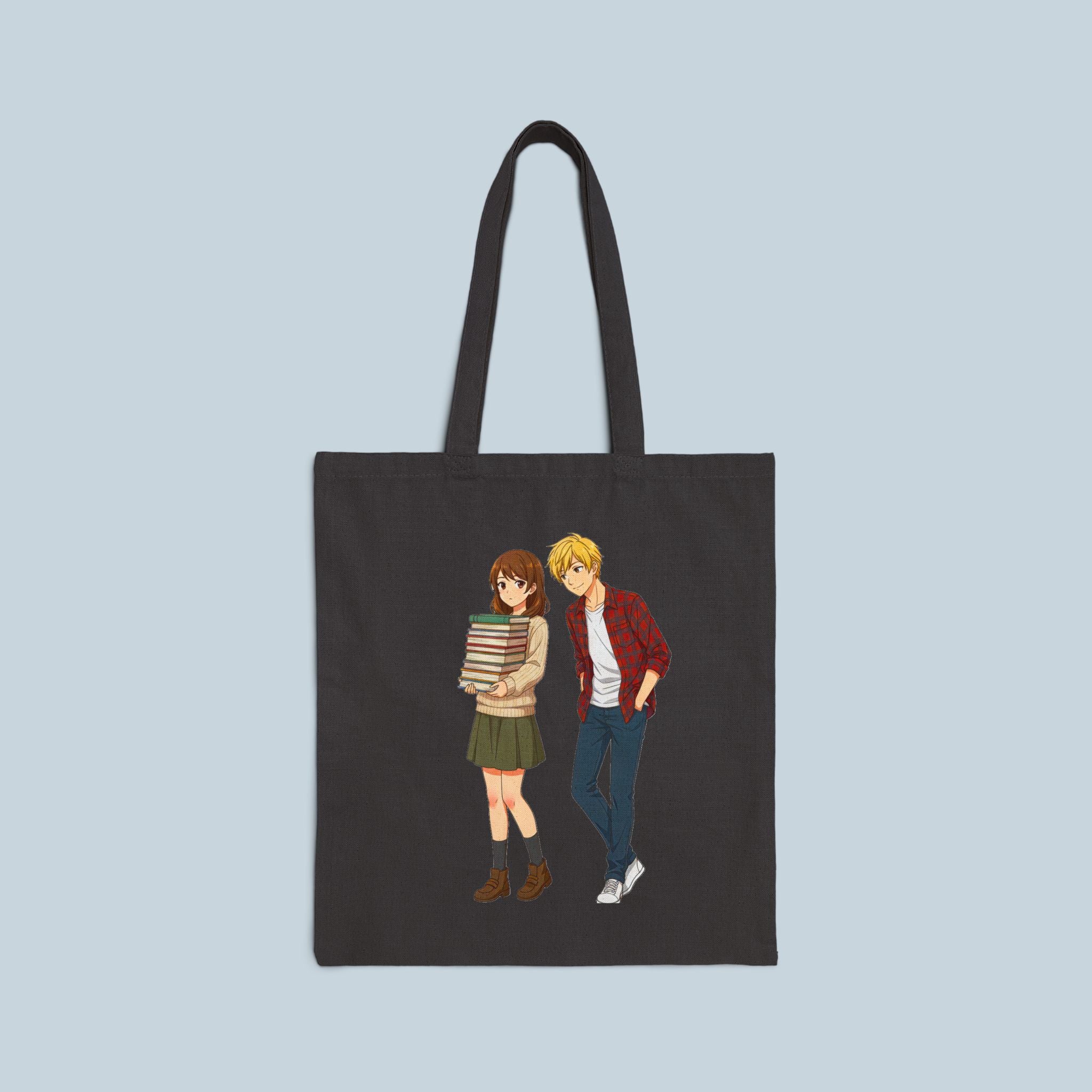 Anime School Romance Tote Bag Book Girl and Blonde Guy Cotton Canvas Gift for Anime Fans