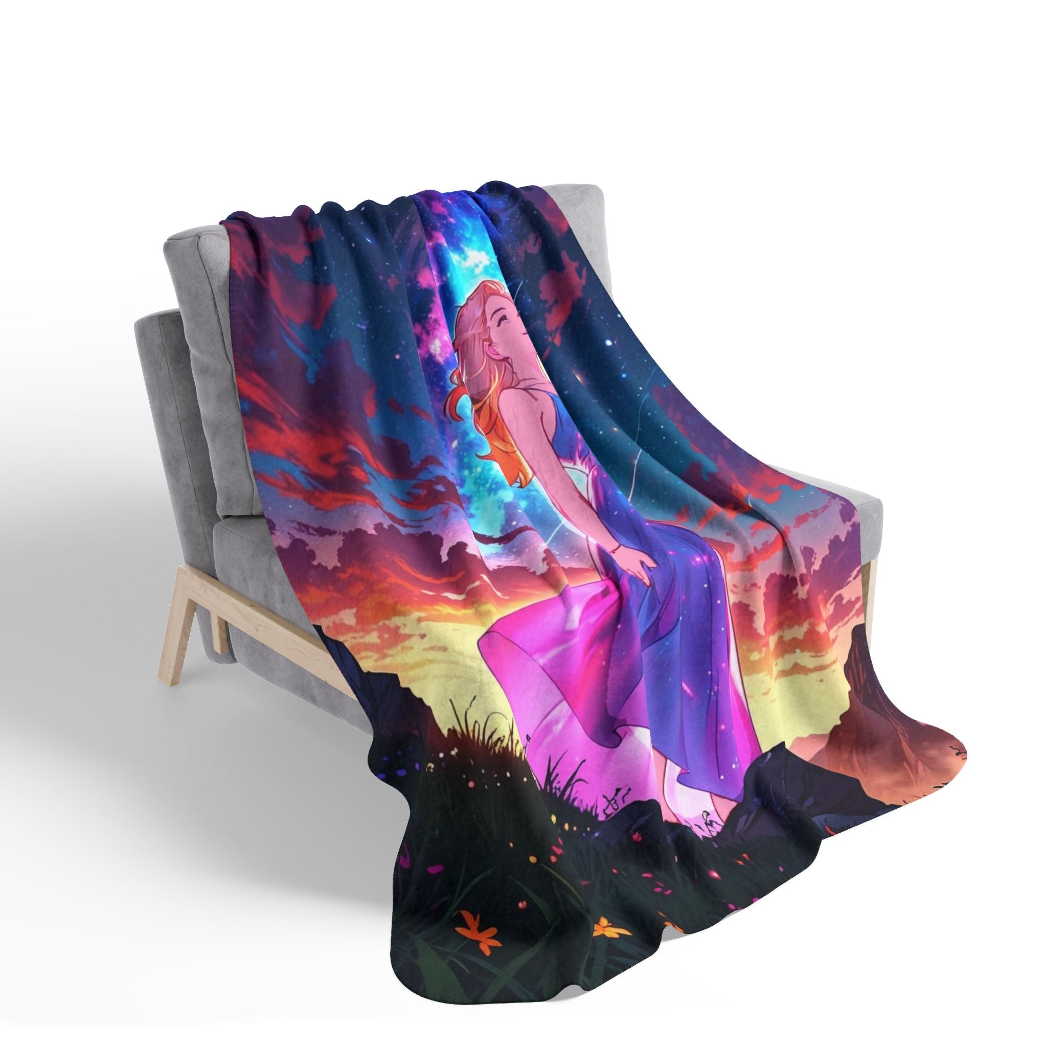 Celestial Dreamer Anime Sherpa Blanket – Starry Night Fantasy Girl Fleece Throw