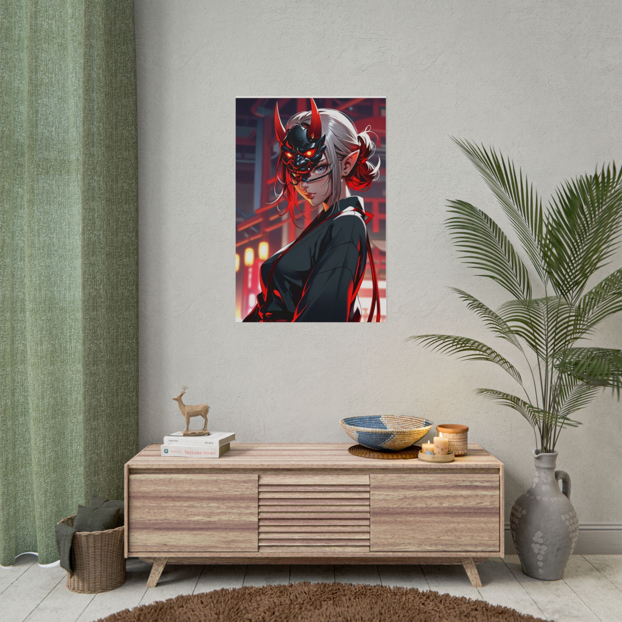 Oni Mask Demon Girl Poster – Cyberpunk Anime Wall Art Print, Japanese Horror Decor, Sexy Pin Up Manga Demon Poster