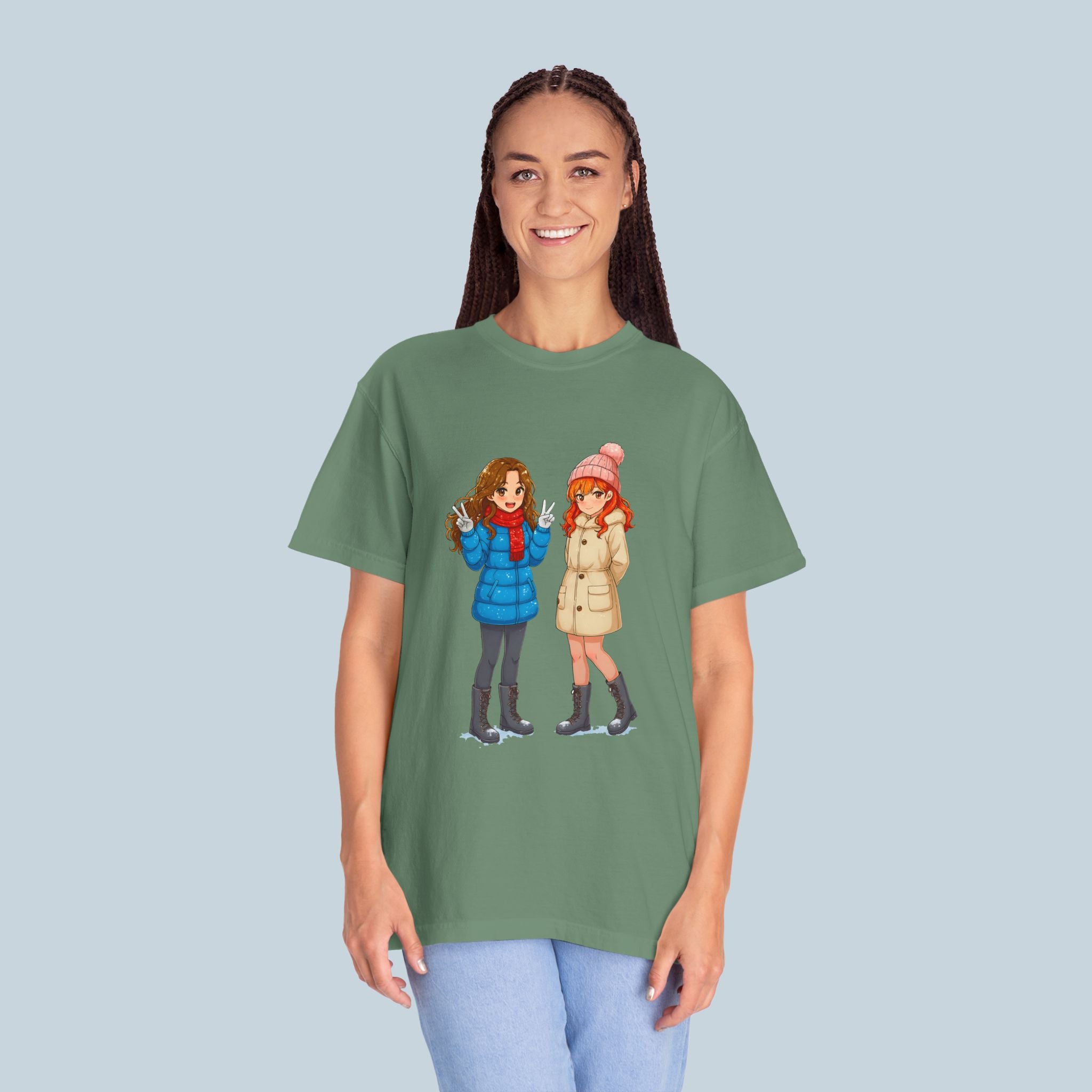 Cute Winter Anime Girls T-Shirt Cozy Slice of Life Tee for Anime Fans and Collectors