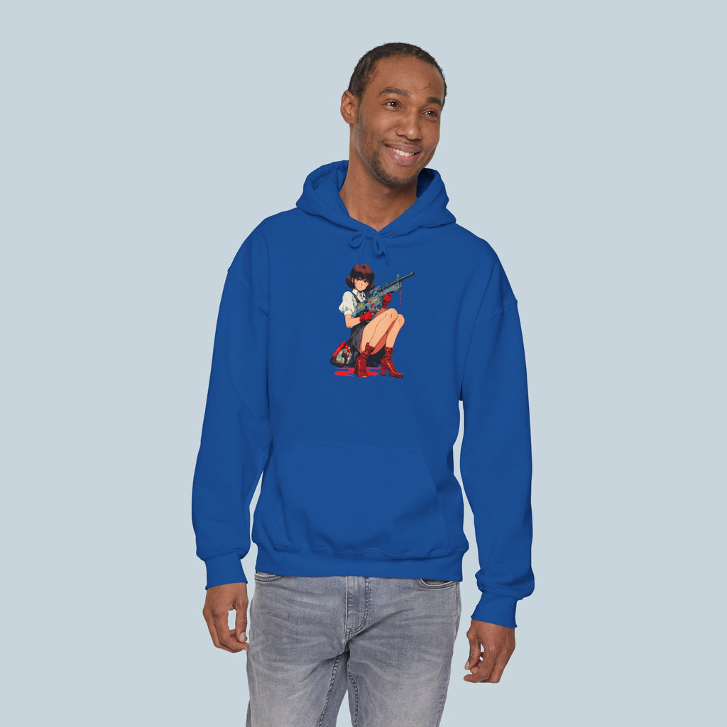 Anime Girl Hoodie – Seated Sniper Schoolgirl with Red Boots and Sci-Fi Rifle | Streetwear Hoodie for Gamers and Anime Fans