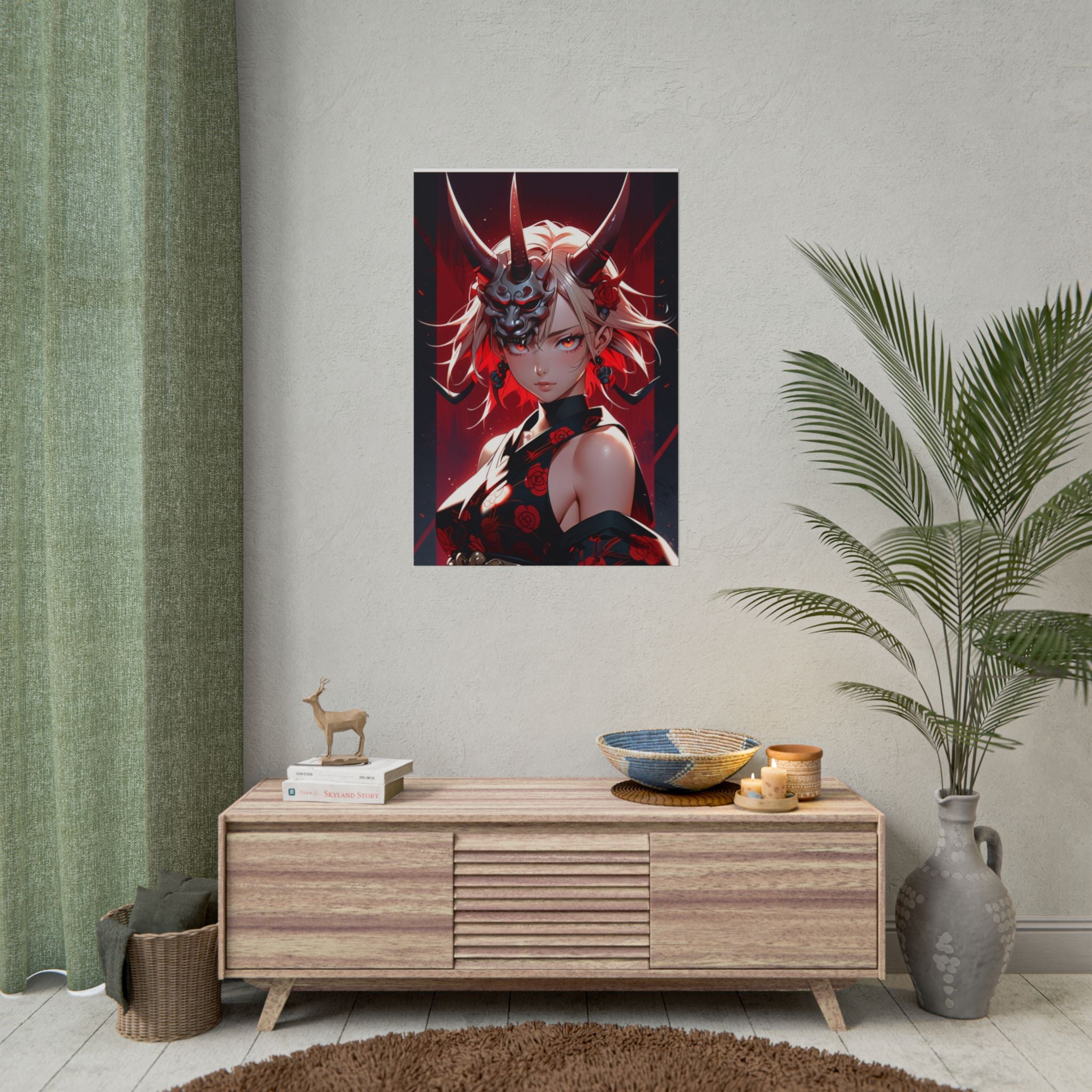 Oni Mask Anime Poster - Demon Girl Horror Wall Art - Red Rose Gothic Anime Print - Japanese Oni Girl Decor - Dark Fantasy Pin Up Poster - Epic Anime Apparel